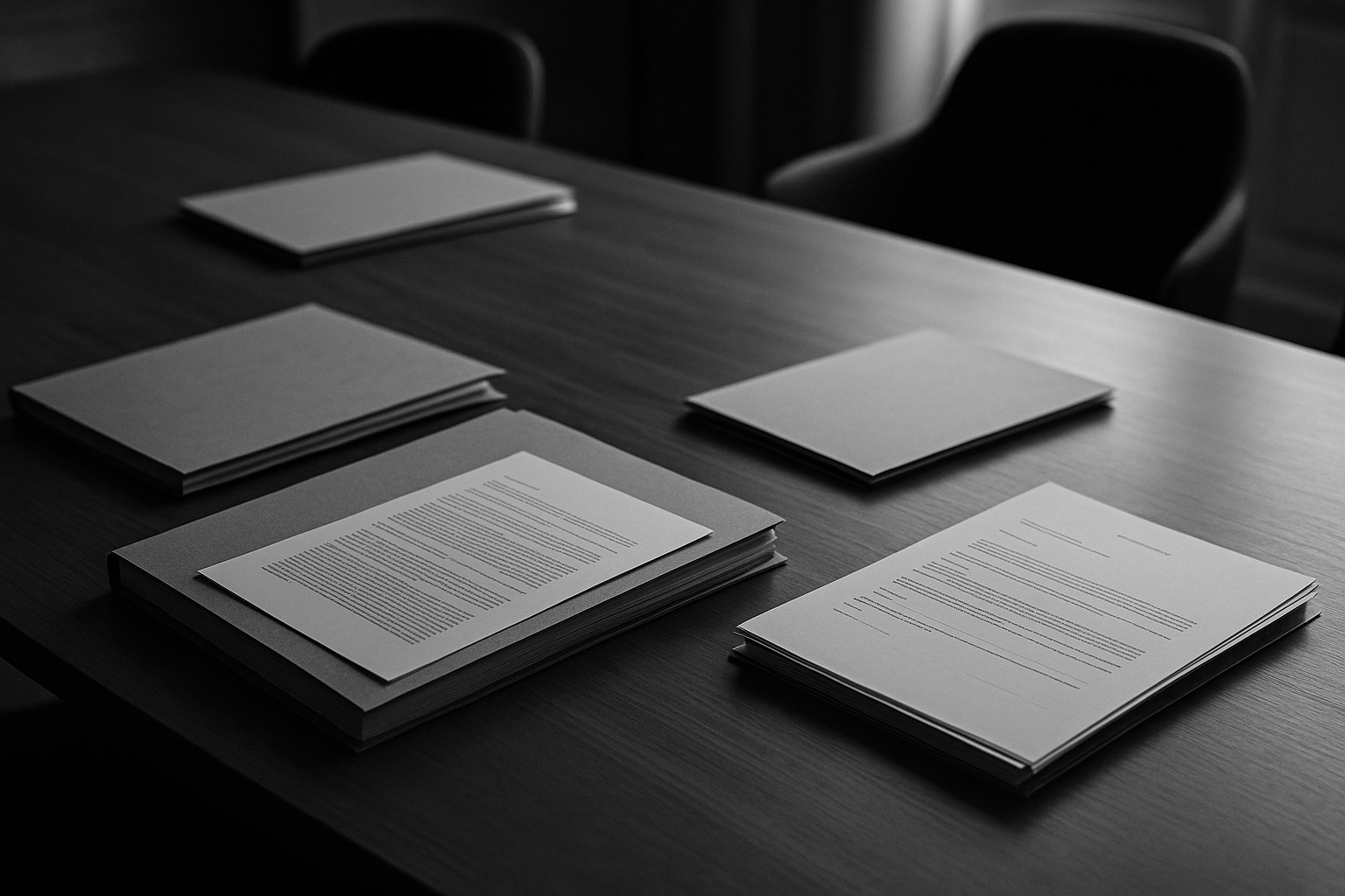 Dossiers et documents contractuels posés sur une table de réunion
