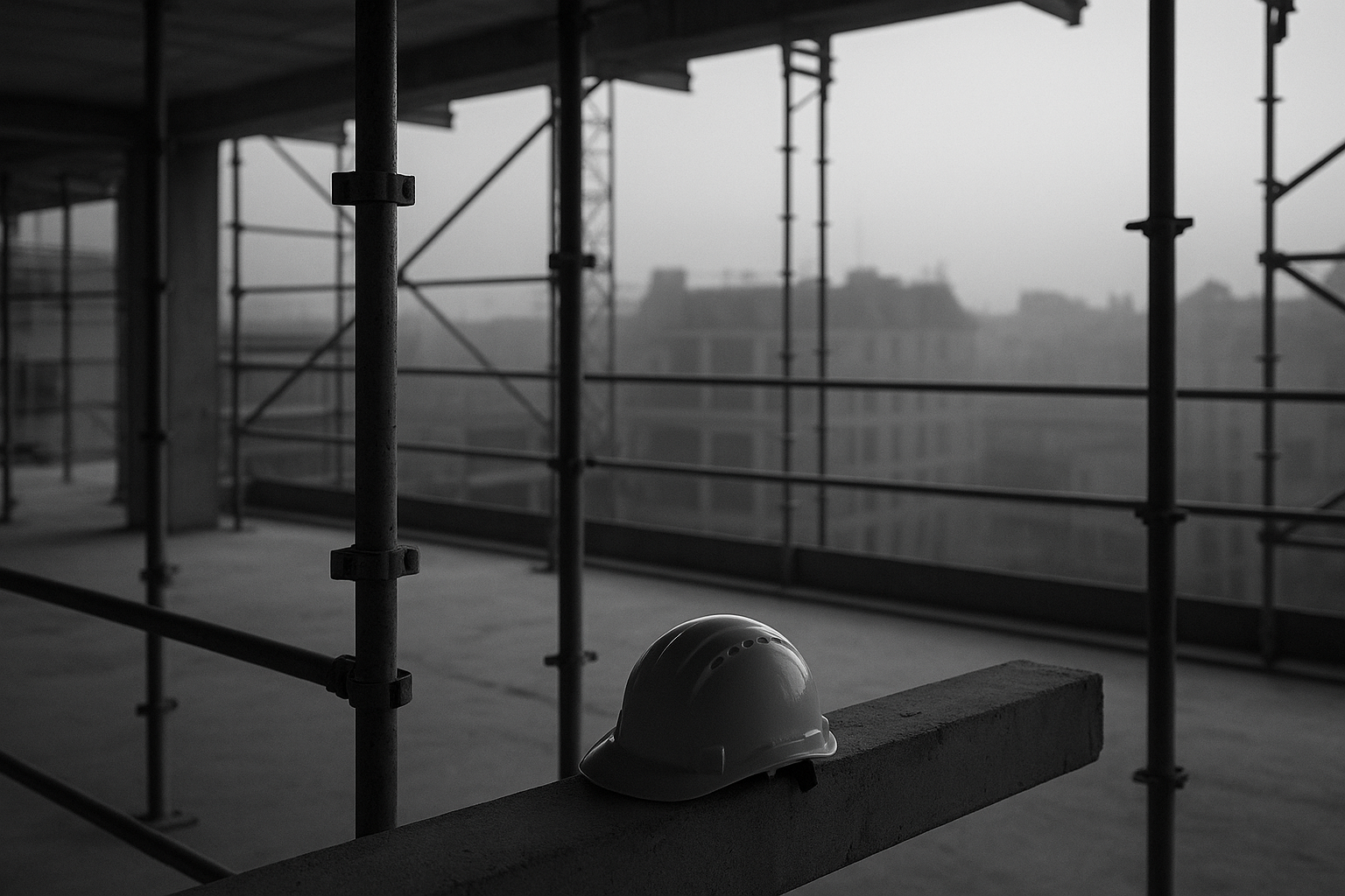 Chantier désert au petit matin avec un échafaudage et un casque de sécurité posé sur une poutre