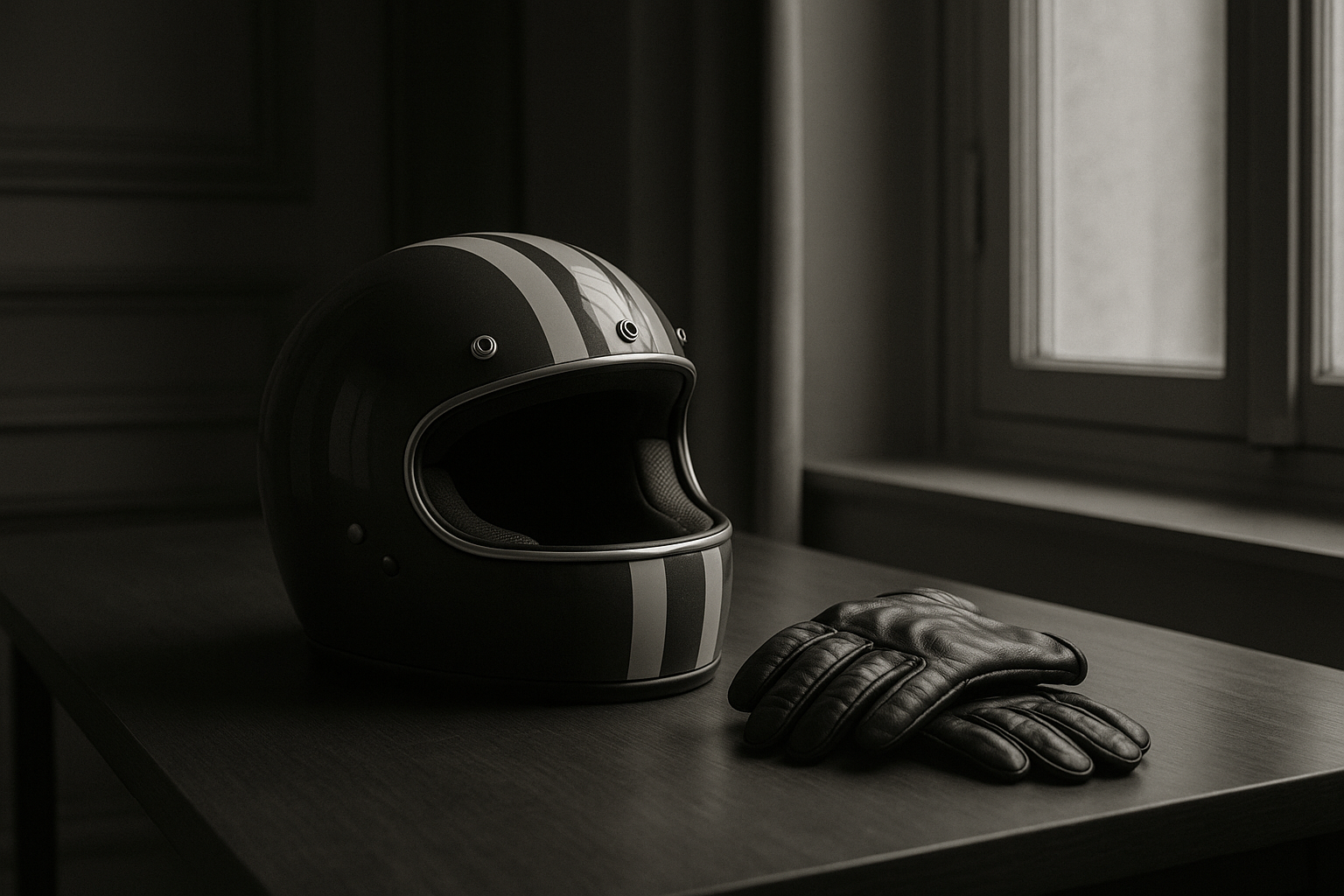 Casque de moto rayé et gants en cuir sur une table en bois