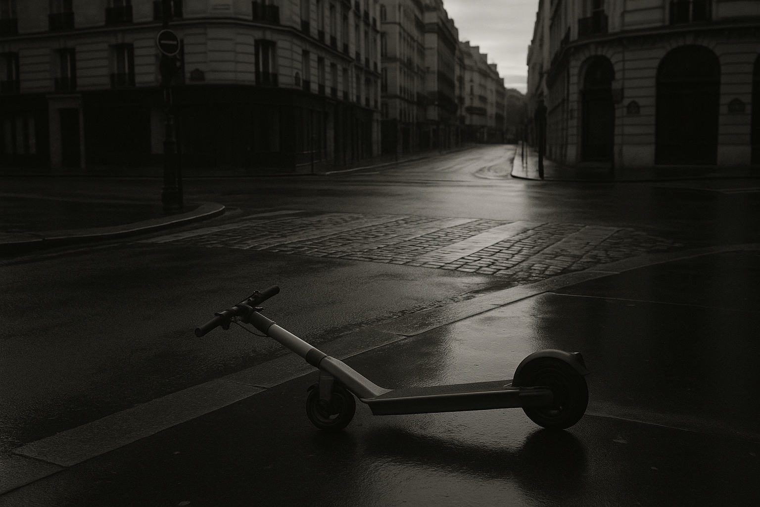 Trottinette électrique couchée sur un trottoir parisien
