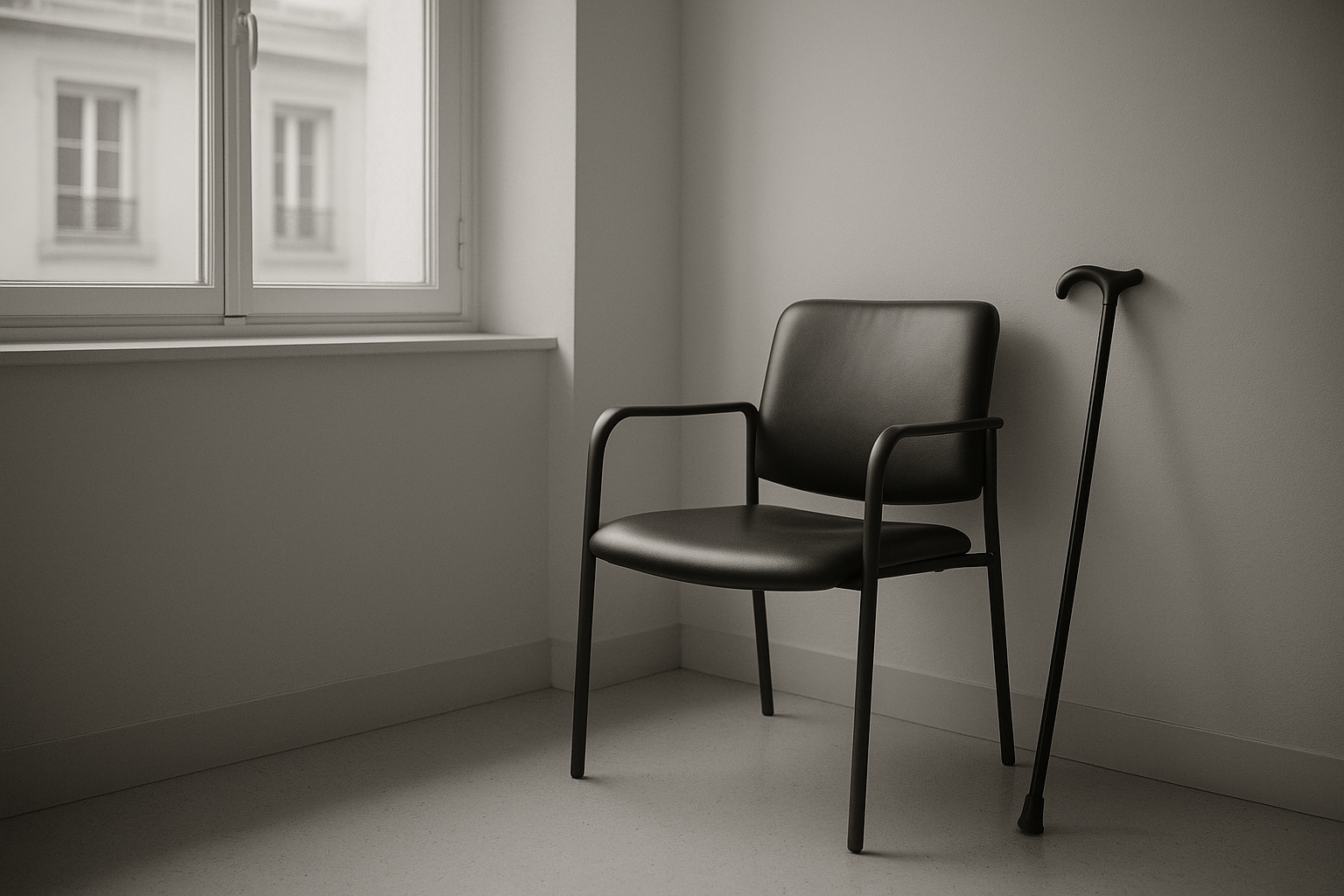 Chaise vide devant une fenêtre dans une salle d'attente médicale dépouillée
