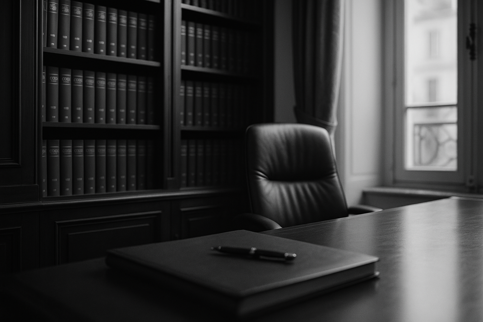 Bureau d'avocat parisien en noir et blanc, bibliothèque de codes juridiques et dossier fermé, ambiance feutrée