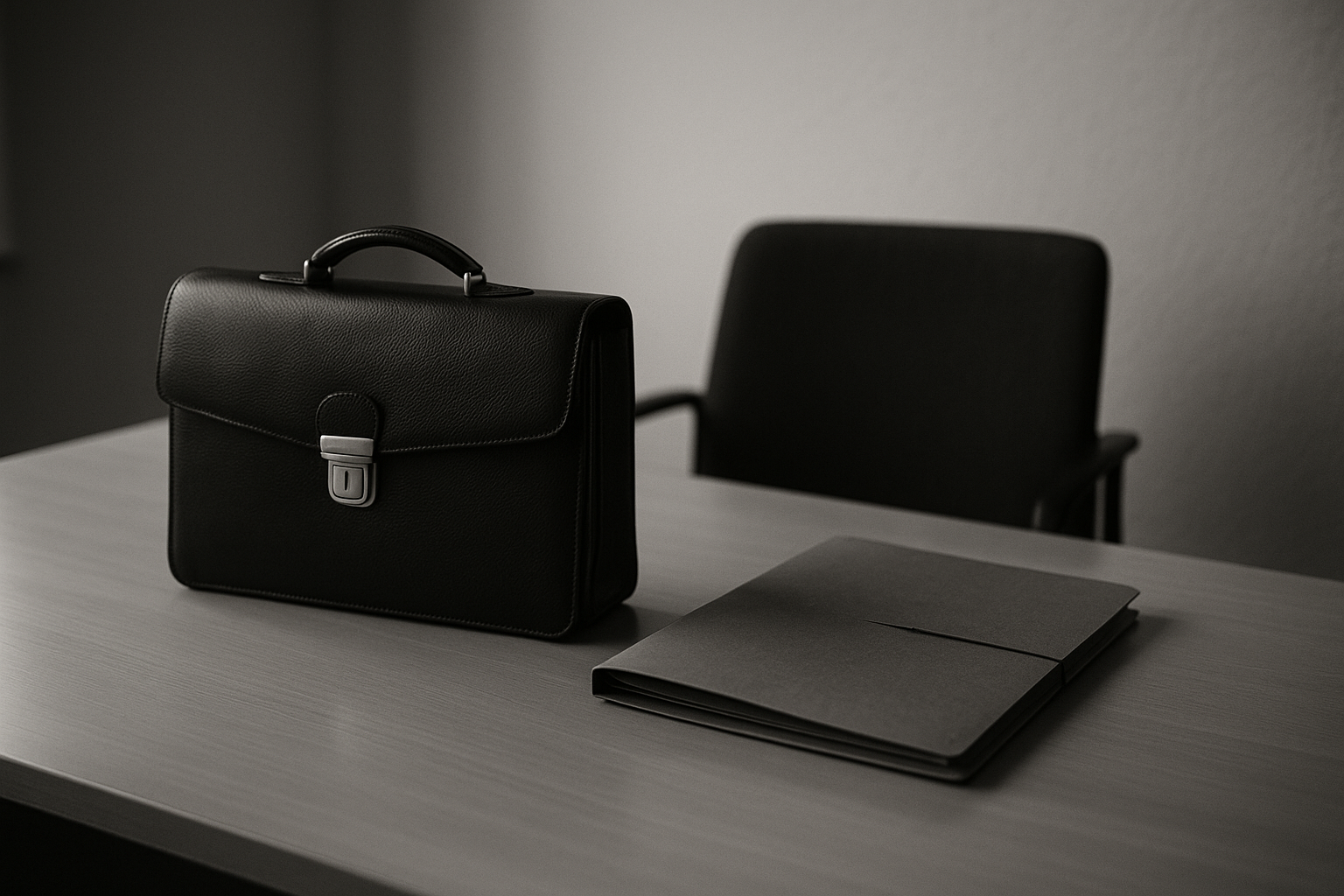 Dossier fermé et porte-documents posés sur une table de bureau administratif