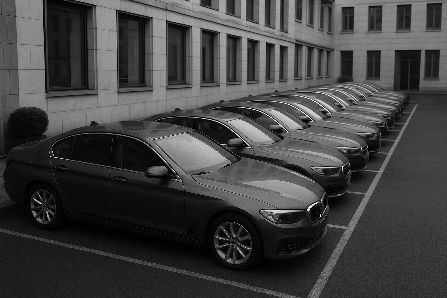 Voitures de flotte d'entreprise sur un parking, photographie en noir et blanc