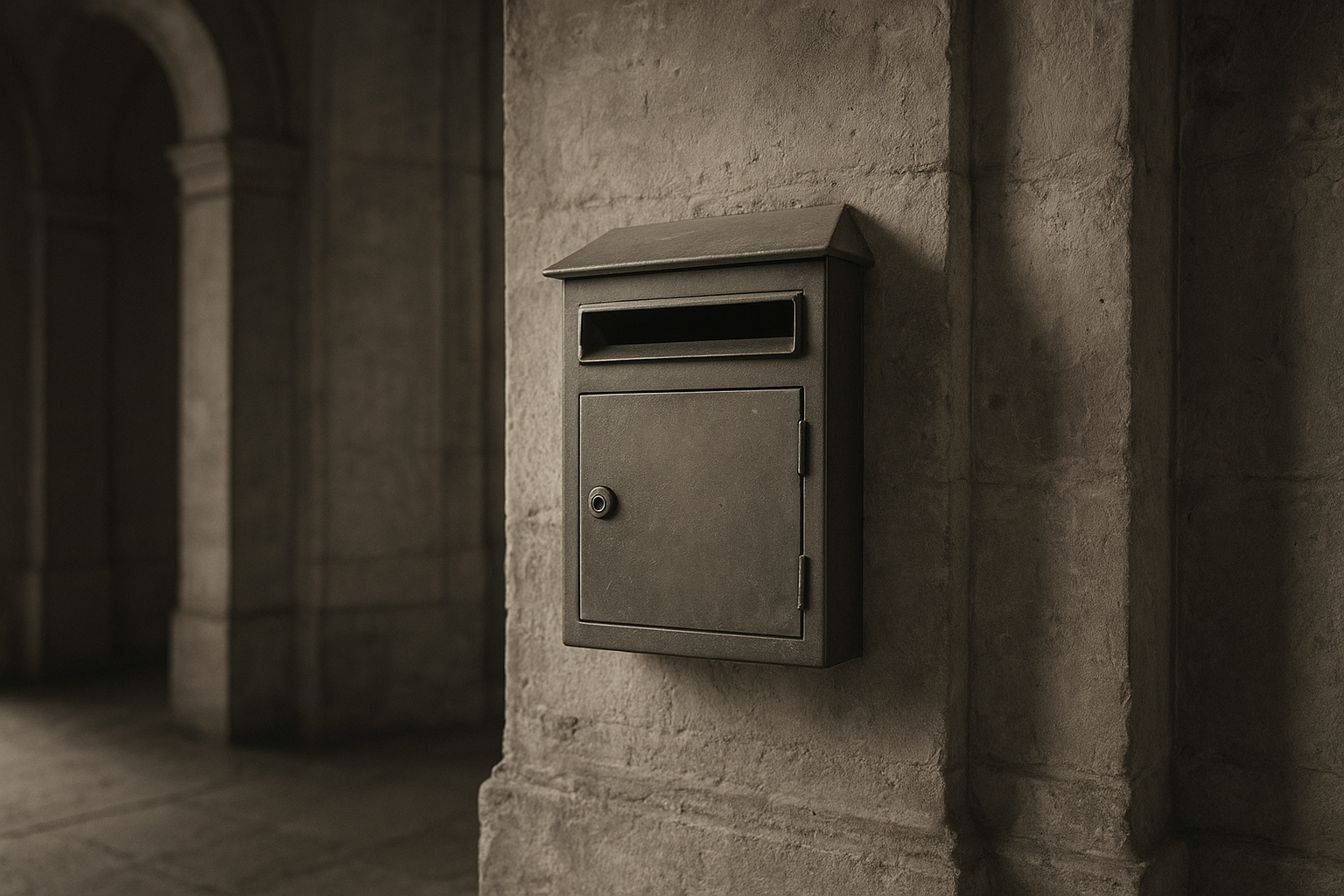 Boîte aux lettres vide et entrouverte dans le hall d'un immeuble ancien