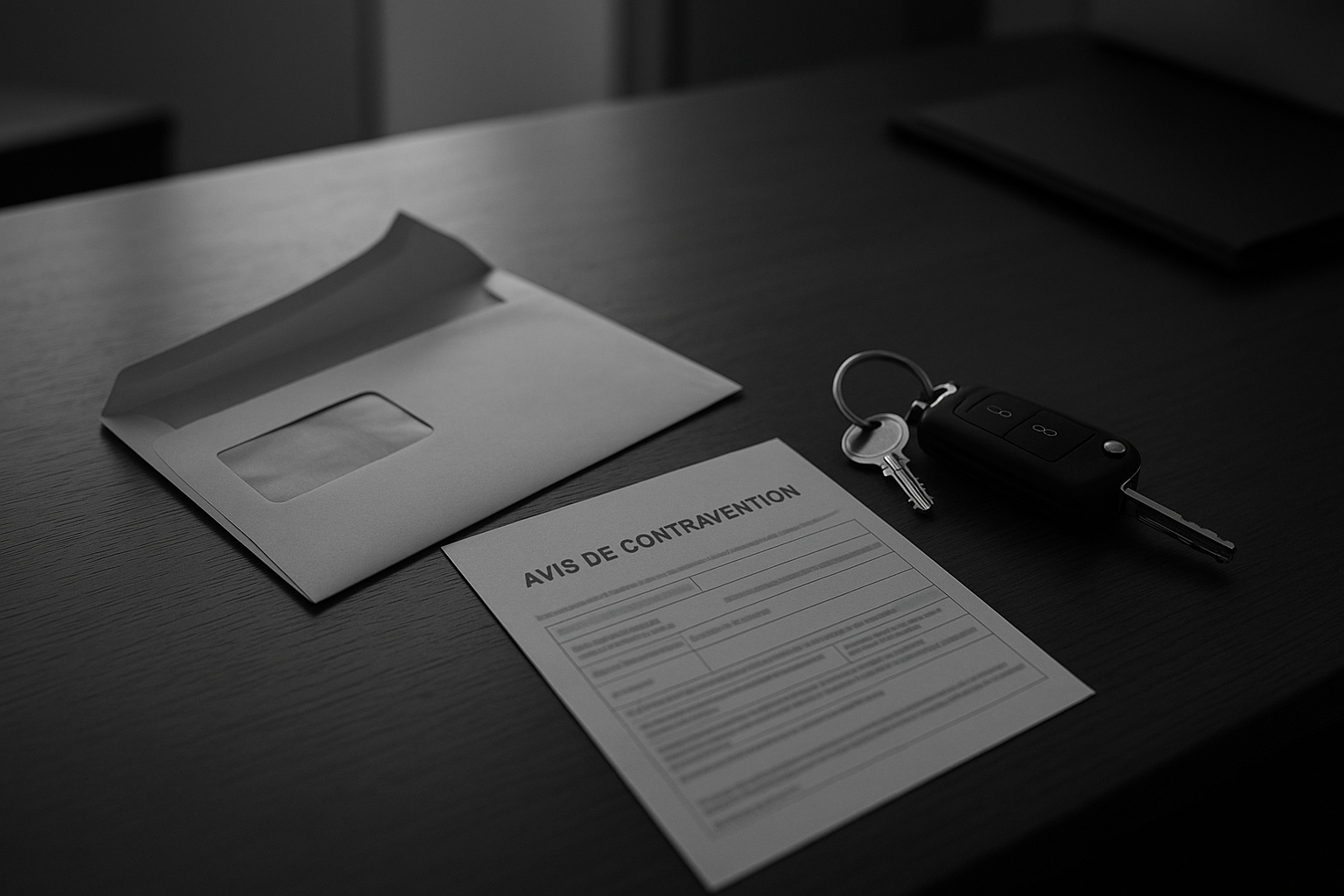 Avis de contravention et enveloppe administrative posés sur un bureau d'entreprise, photographie en noir et blanc