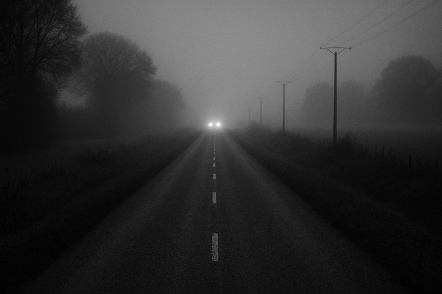 Route de campagne déserte au crépuscule avec des gyrophares flous au loin dans la brume