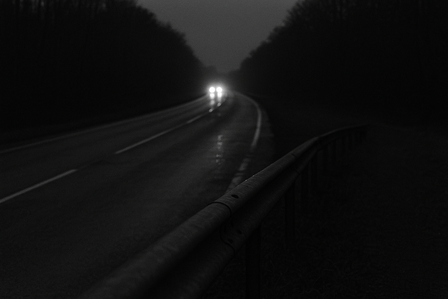 Route départementale de nuit, bitume mouillé et glissière de sécurité