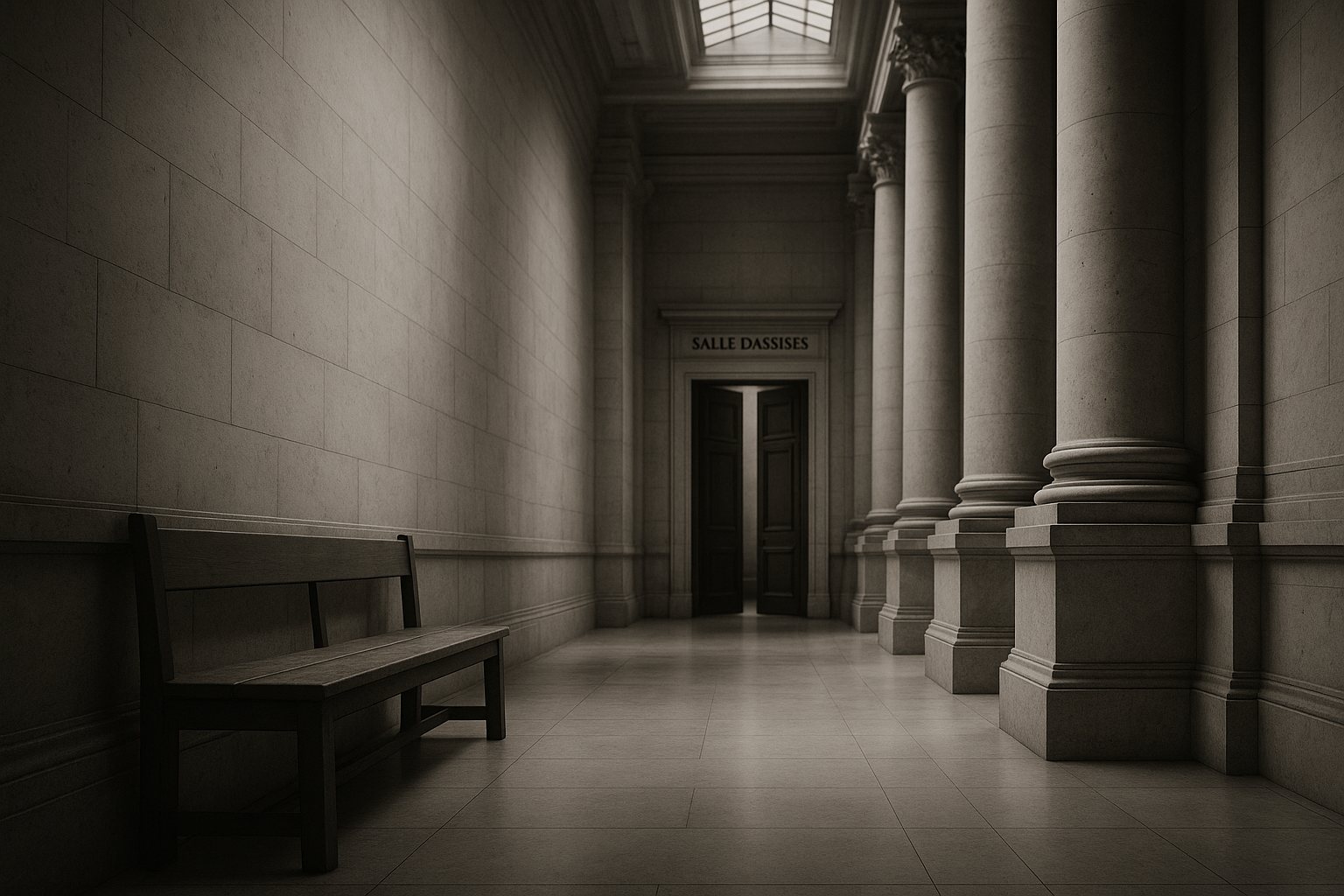 Couloir de palais de justice, porte de salle d'assises entrouverte et banc de bois vide au premier plan