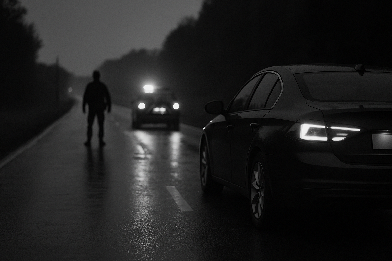 Voiture arrêtée de nuit sur le bas-côté d'une route mouillée, gyrophare bleu d'un véhicule de police flou à l'arrière-plan et agent vu de dos.