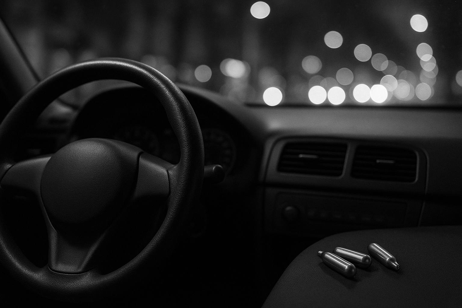 Habitacle de voiture de nuit avec des cartouches métalliques sur le siège passager