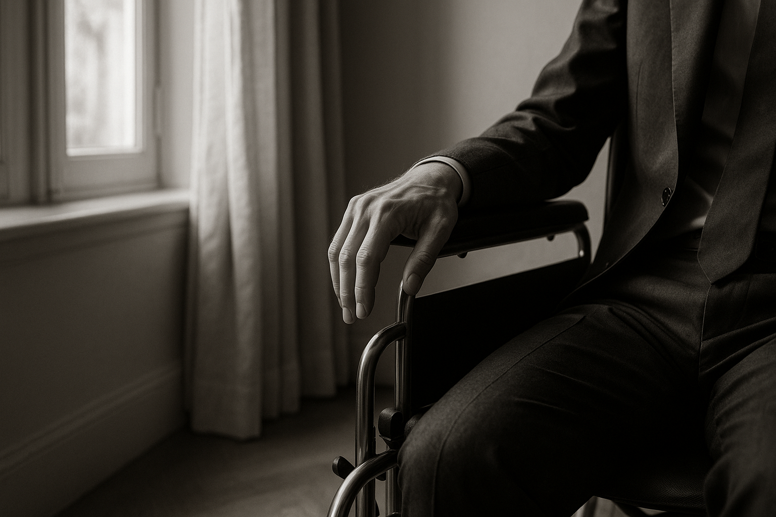 Main posée sur l'accoudoir d'un fauteuil roulant vide près d'une fenêtre ensoleillée