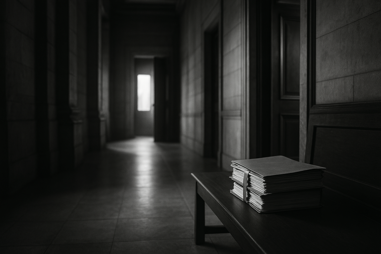 Couloir d'un palais de justice à l'aube, porte d'une salle d'audience entrouverte et dossiers posés sur un banc