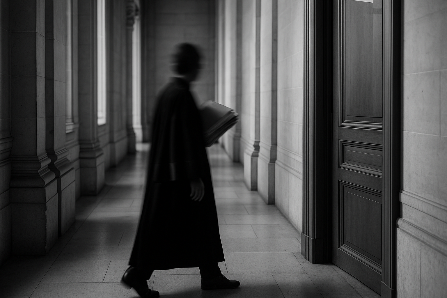 Couloir d'un palais de justice avec une silhouette en robe d'avocat portant des dossiers