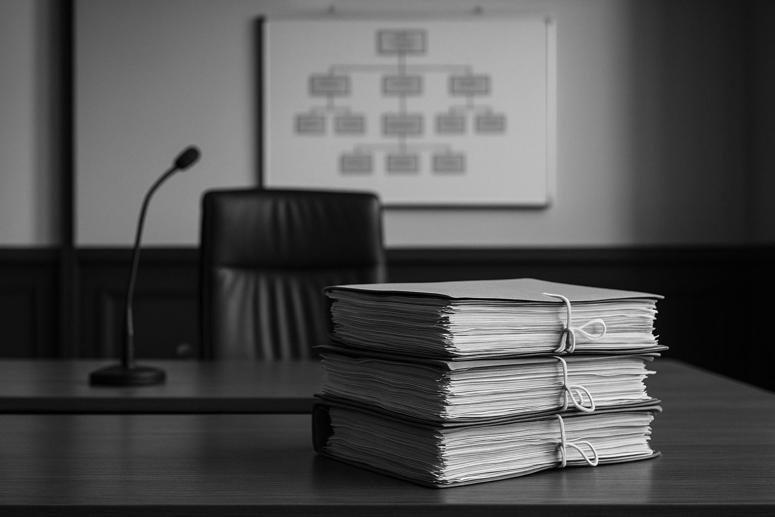 Dossiers de procédure pénale ficelés sur une table, organigramme flou punaisé en arrière-plan