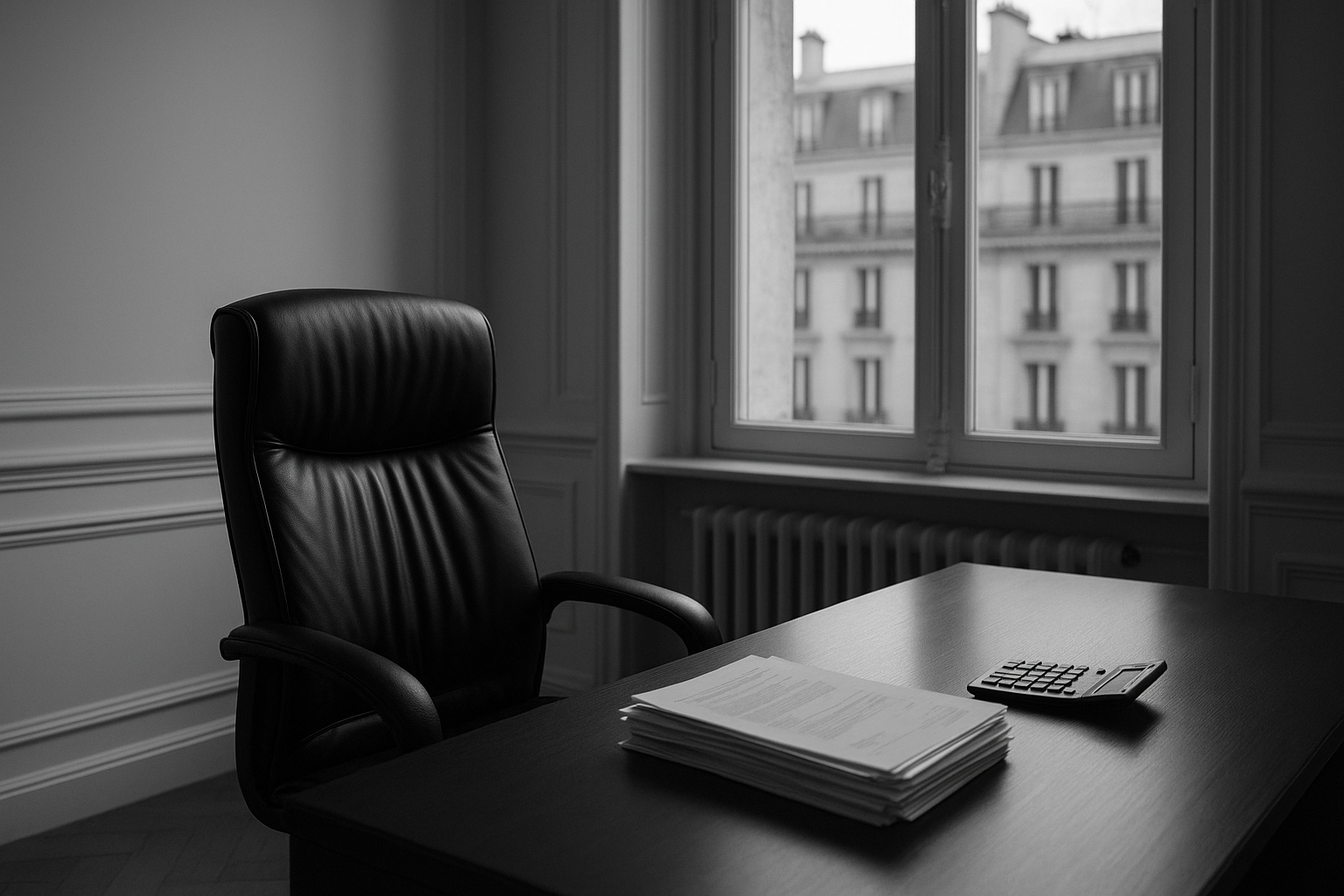 Bureau de direction vide au petit matin, fauteuil en cuir tourné vers la fenêtre, relevés bancaires et calculatrice sur le bureau