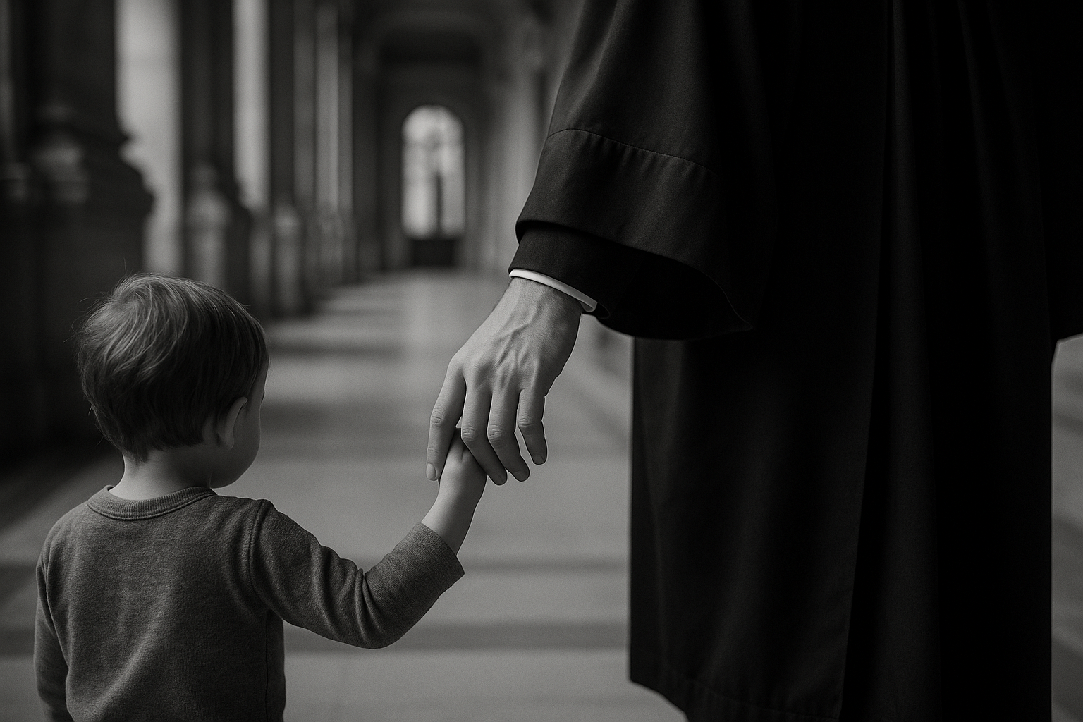 Main d'un adulte tenant doucement la main d'un jeune enfant dans un couloir de palais de justice