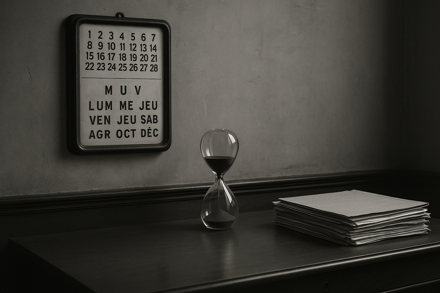 Calendrier mural ancien et sablier posés sur un bureau à côté d'une pile de documents judiciaires