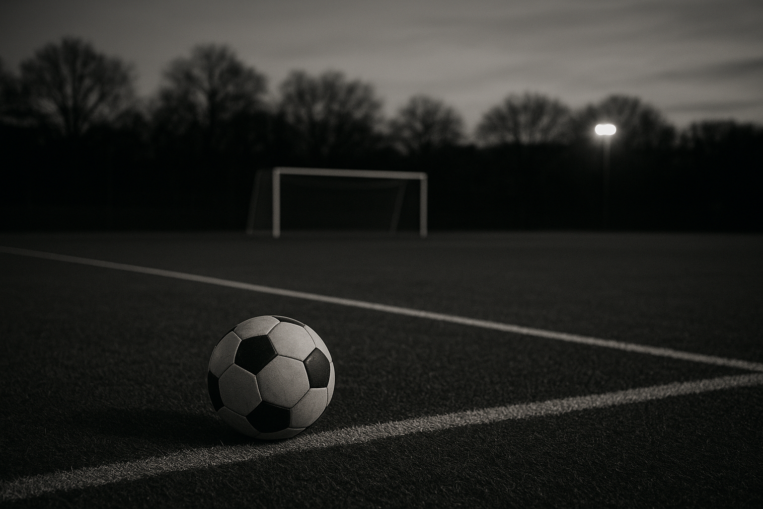 Terrain de sport désert au crépuscule, un ballon immobile près de la ligne et un but en arrière-plan