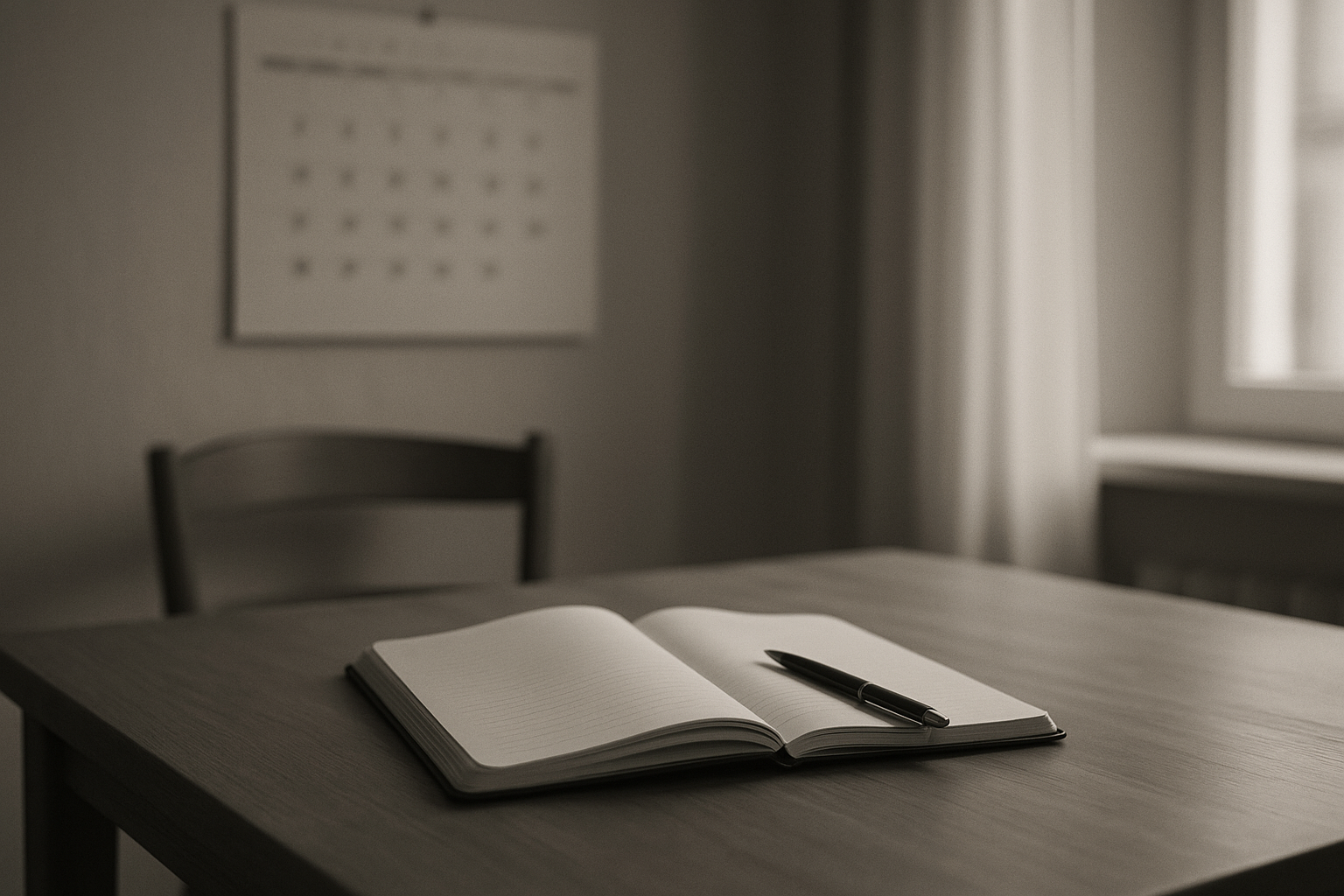 Carnet ouvert et stylo posés sur une table de cuisine en bois, un calendrier mural flou en arrière-plan