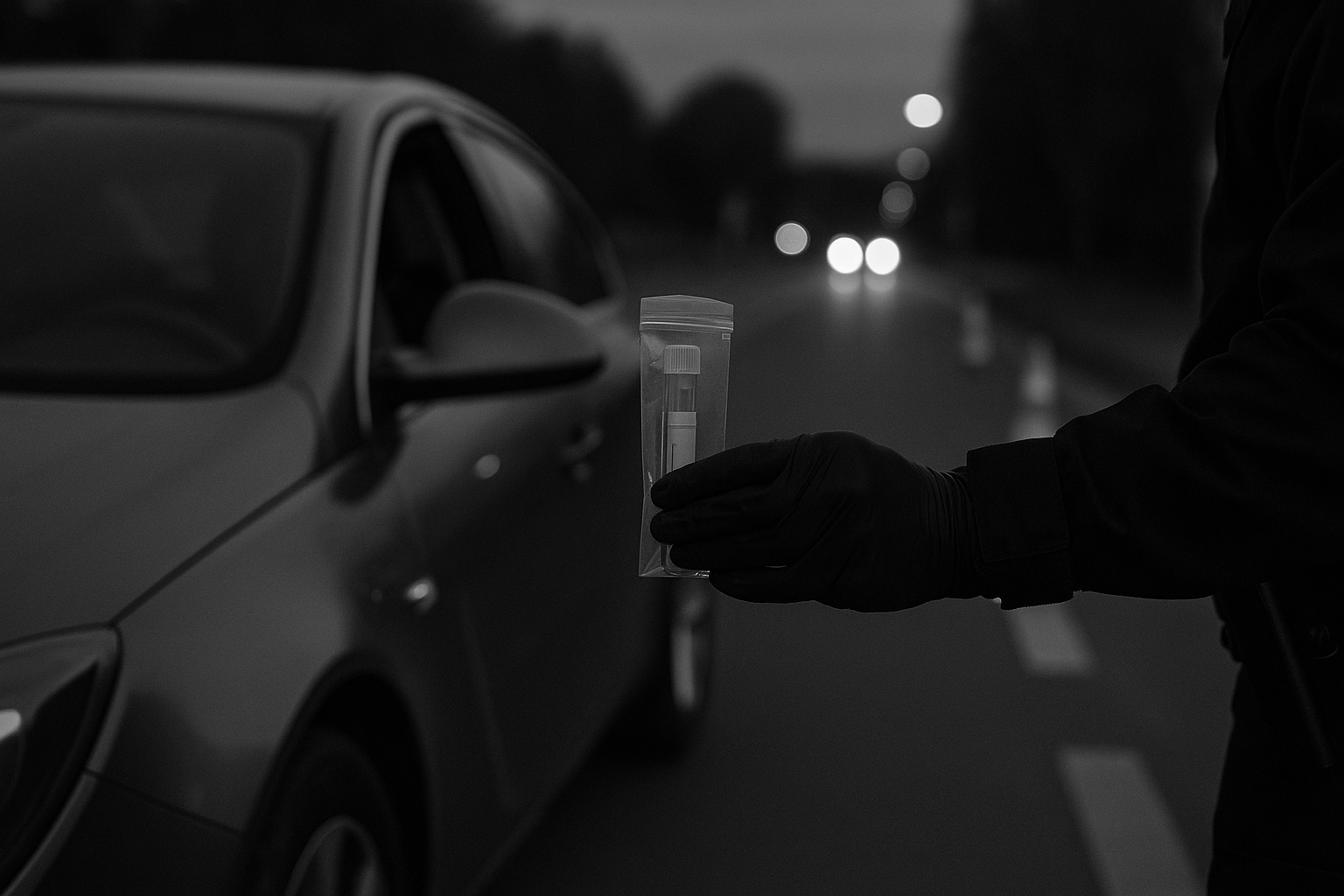 Contrôle routier au crépuscule, une main gantée tenant un kit de test salivaire près de la portière d'une voiture