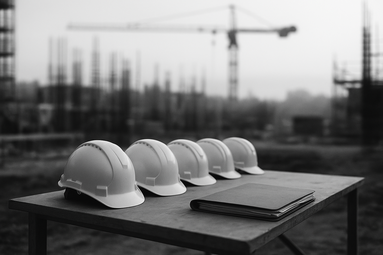 Casques de sécurité alignés sur une table de chantier à côté d'une chemise cartonnée, grue floue en arrière-plan