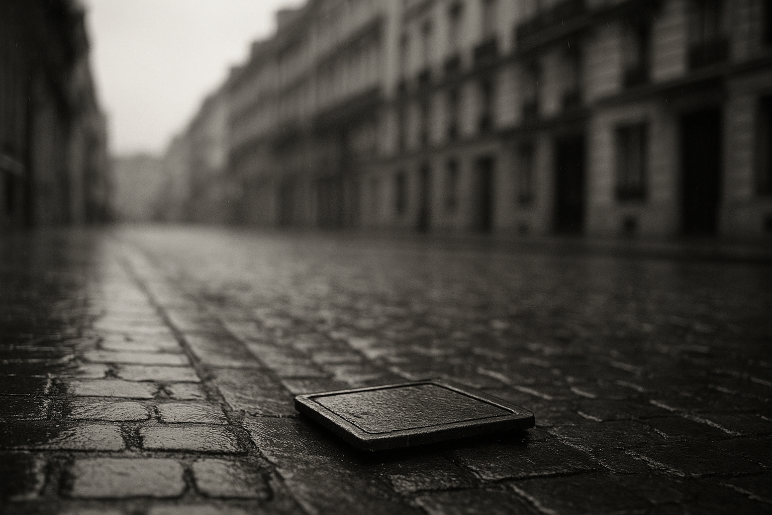 Trottoir pavé sous la pluie avec une plaque de voirie légèrement soulevée devant des façades parisiennes