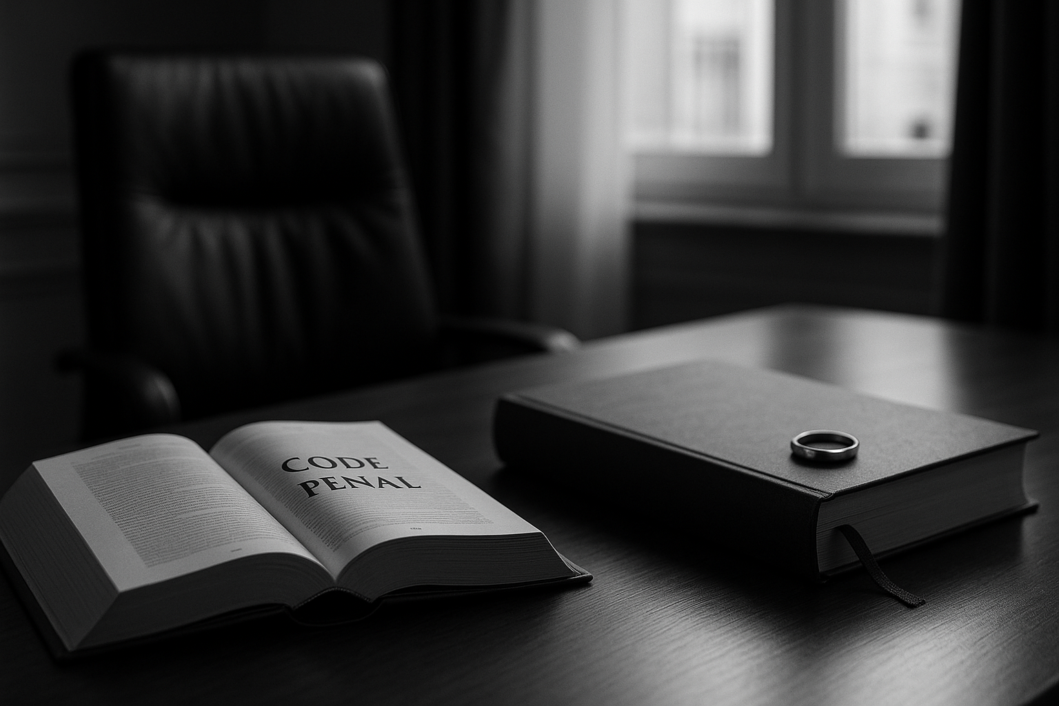 Bureau d'avocat en noir et blanc avec un code pénal ouvert et une alliance posée à côté d'un dossier juridique