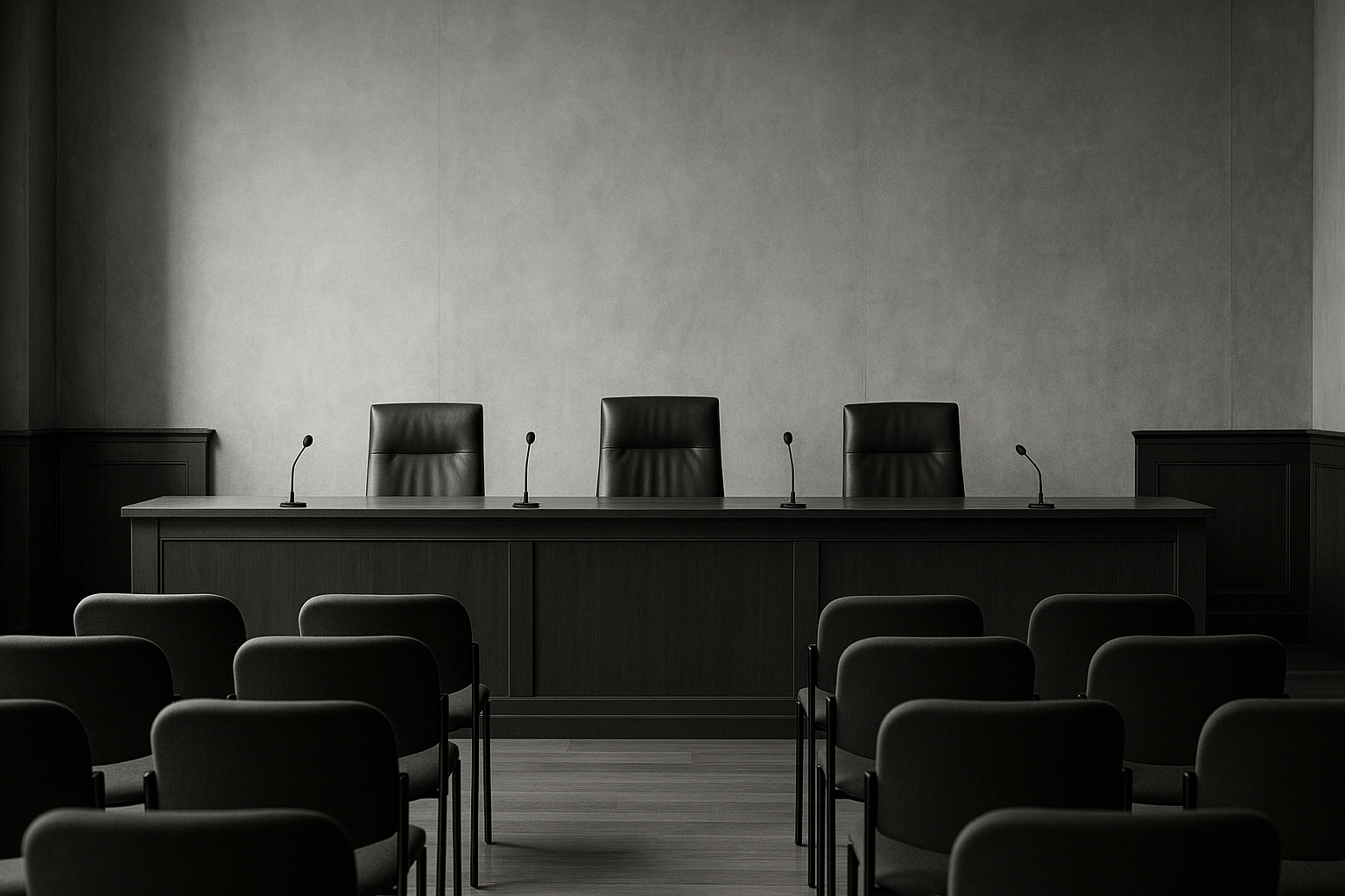 Salle d'audience administrative vide où siège la commission des sanctions de l'Agence française anticorruption