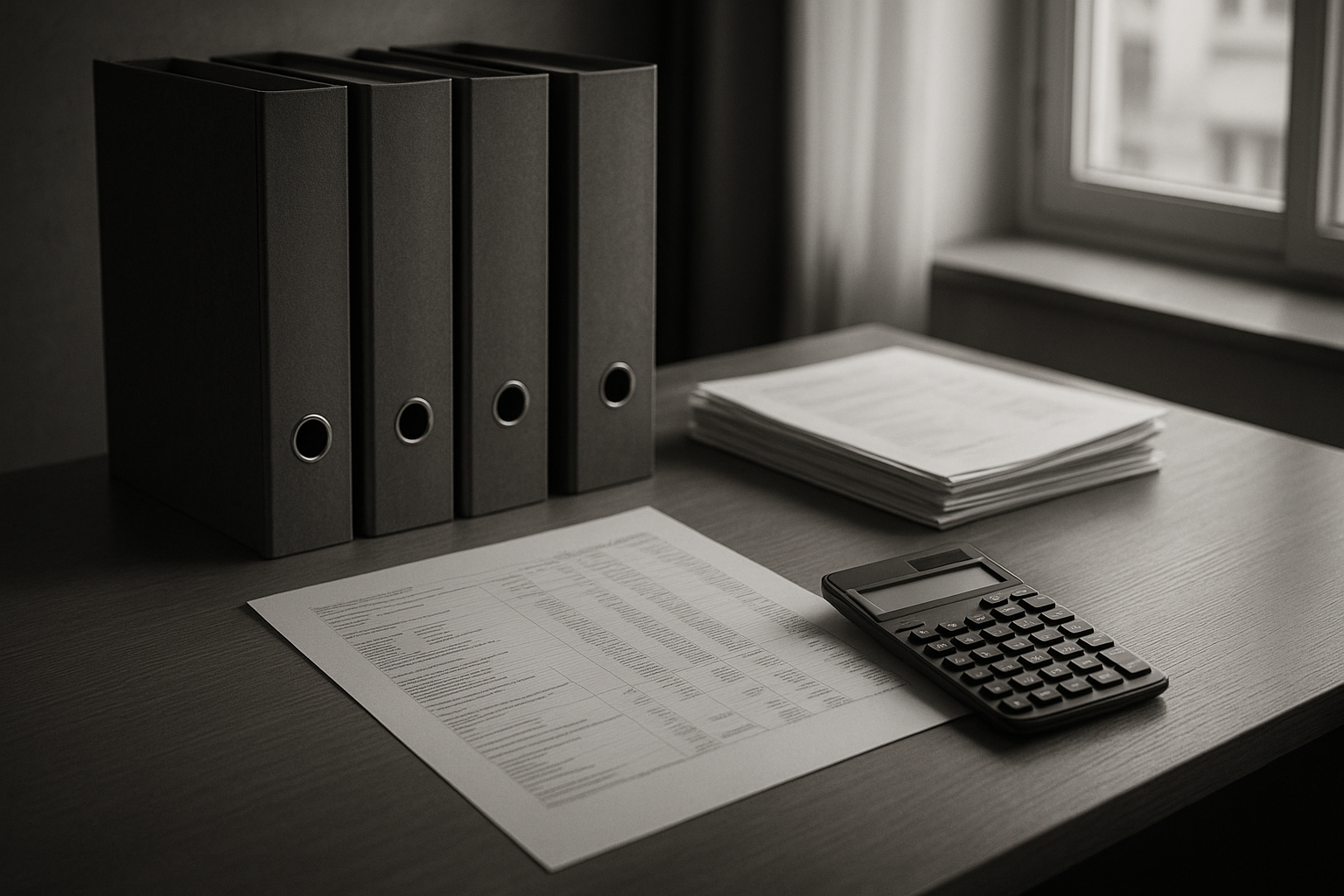 Bureau de professionnel du chiffre avec dossiers comptables et documents financiers, photographie éditoriale sobre en noir et blanc