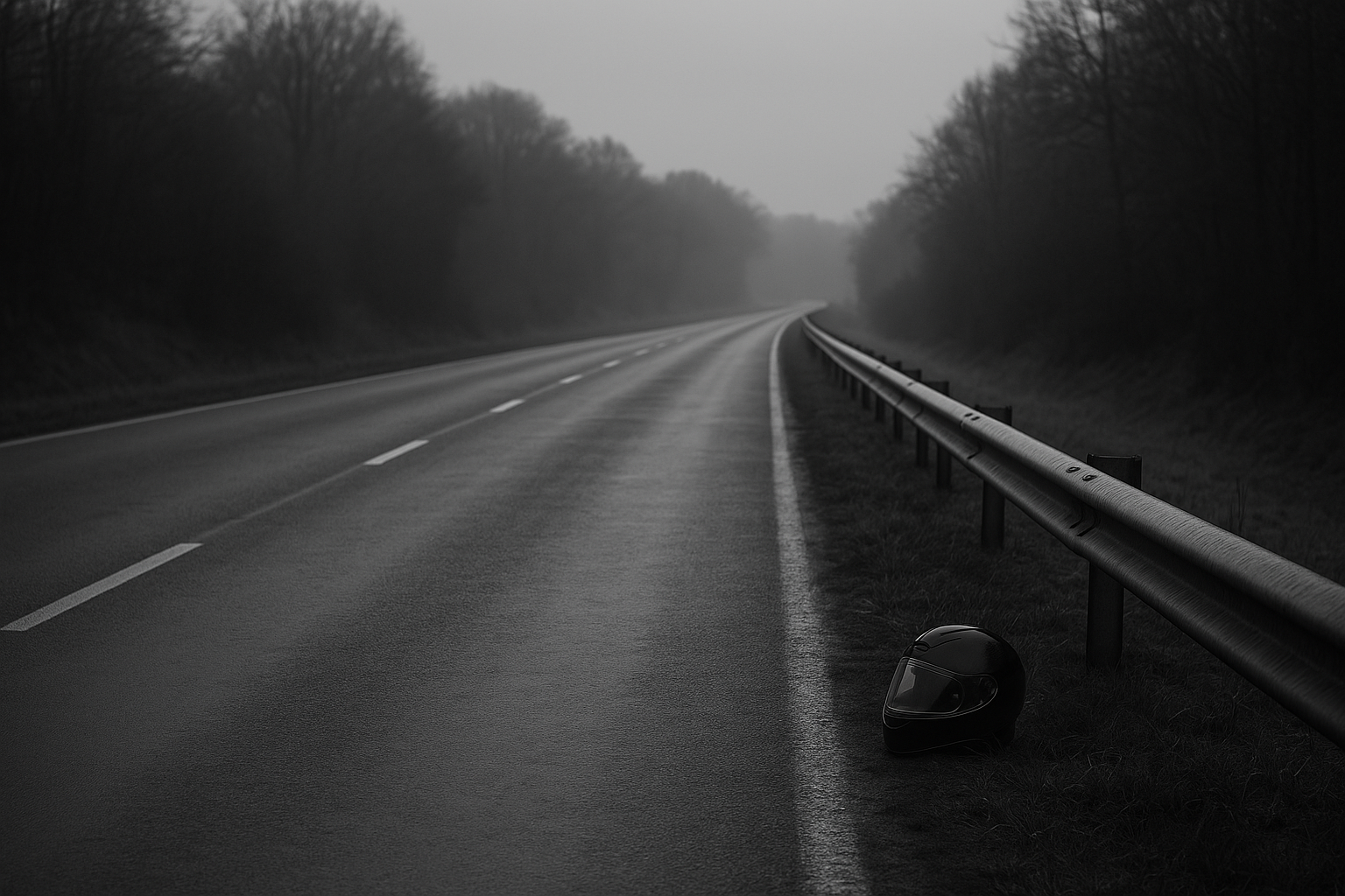 Casque de moto au bord d'une route mouillée, lumière grise du matin