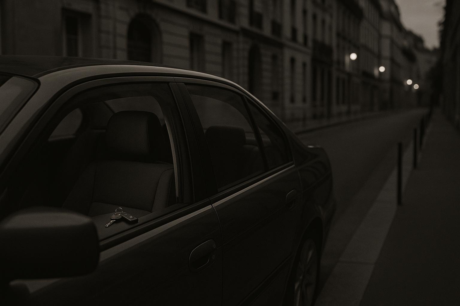 Voiture stationnée au crépuscule, siège conducteur vide