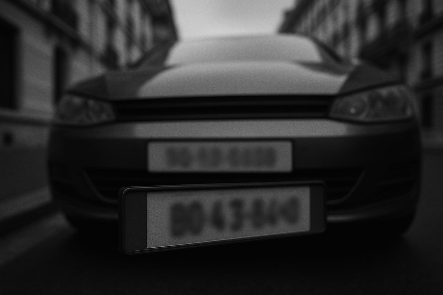 Plaque d'immatriculation de voiture en gros plan, photographie en noir et blanc à l'ambiance sobre.