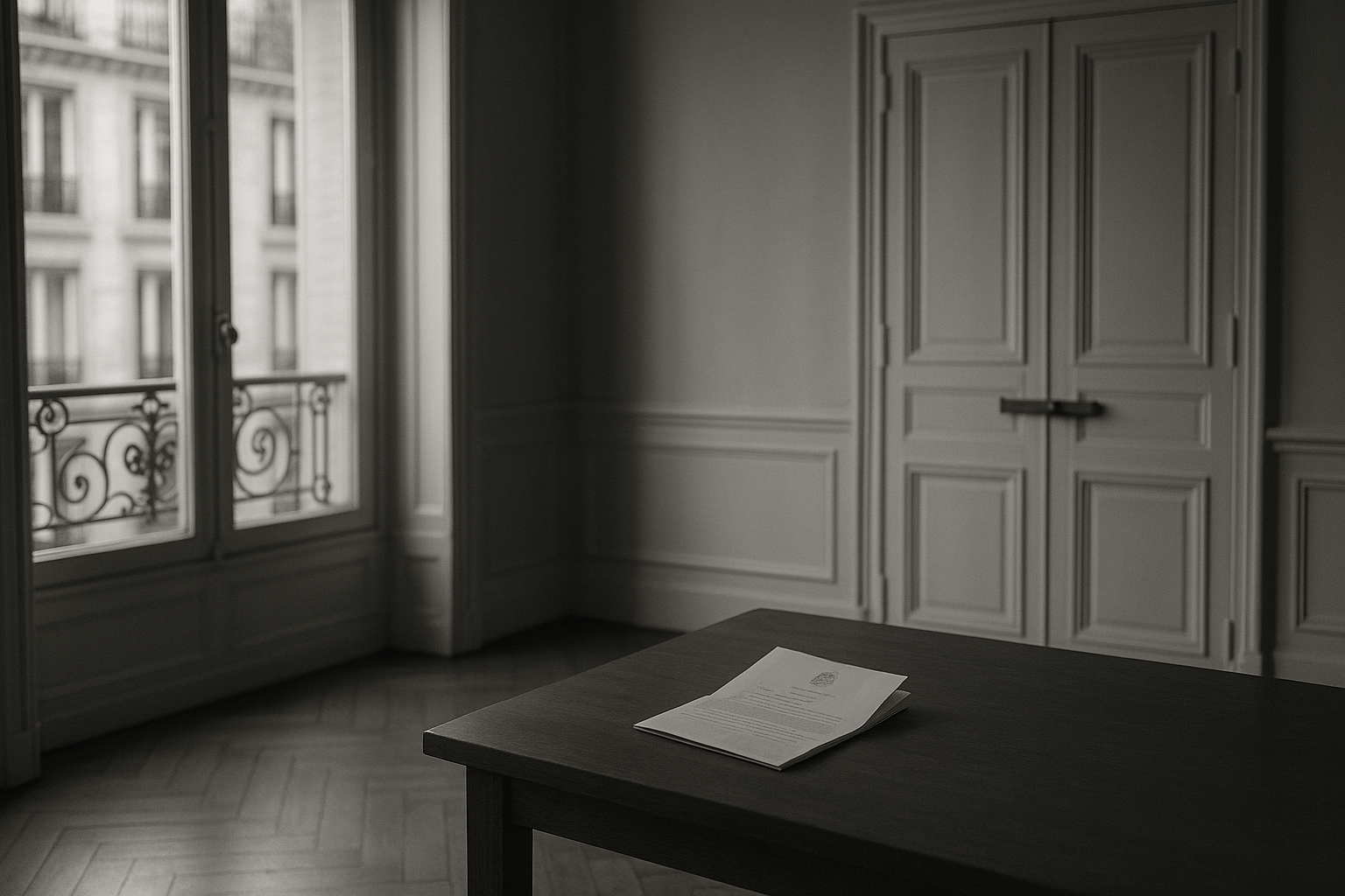 Salon d'un appartement parisien vide, porte close et document officiel posé sur une table, illustrant la confiscation des biens après un trafic de stupéfiants