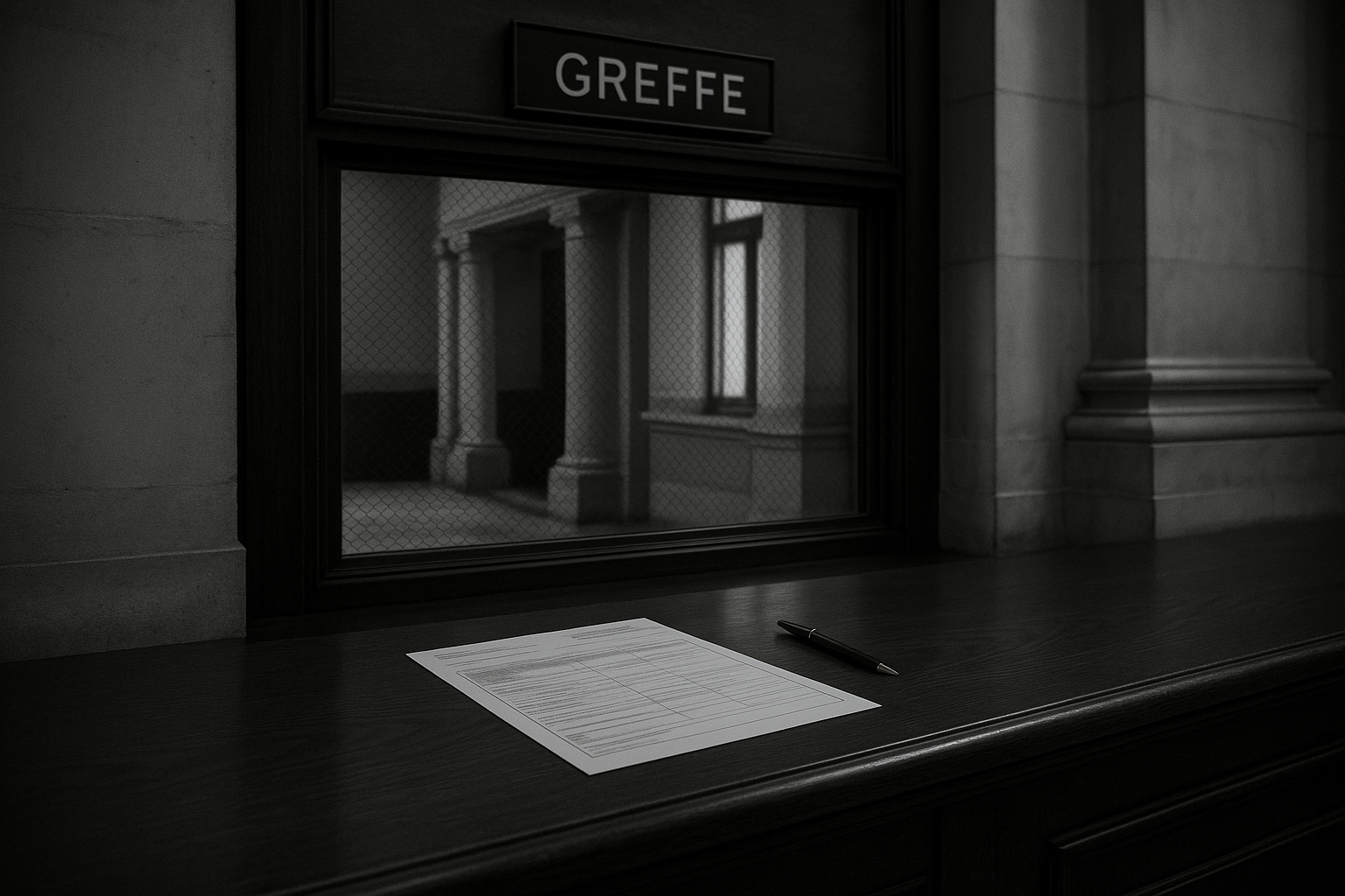 Comptoir de greffe d'un tribunal judiciaire avec un formulaire et un stylo, illustrant le versement de la consignation de la partie civile