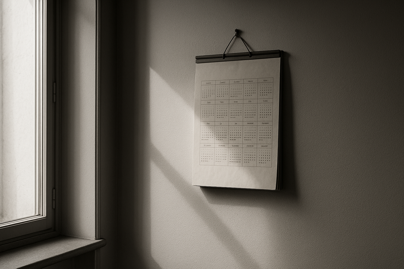 Calendrier mural ancien près d'une fenêtre
