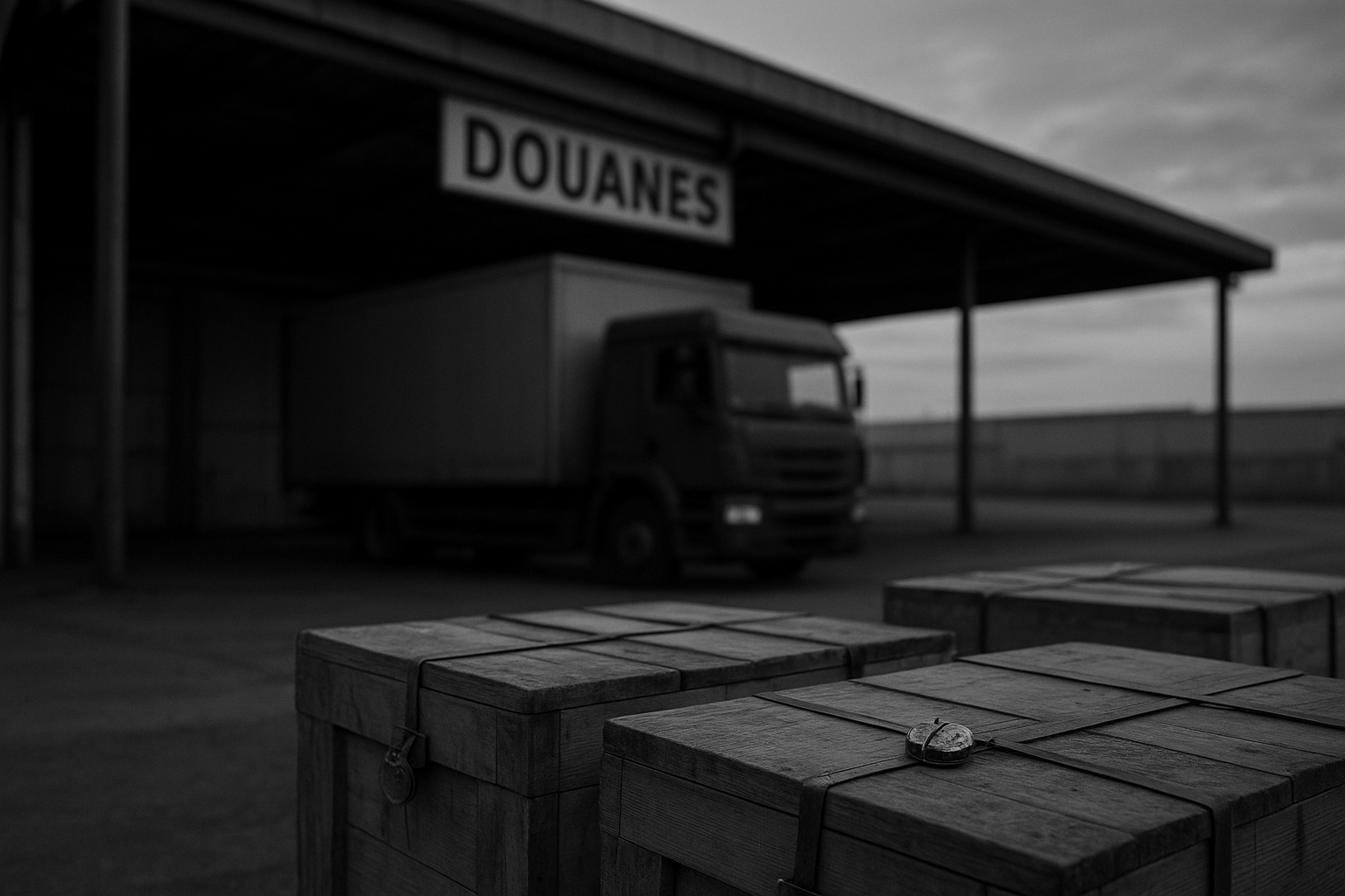 Caisses scellées et camion immobilisé sous un hangar douanier, scellés de plomb en gros plan, illustrant une saisie pour contrebande