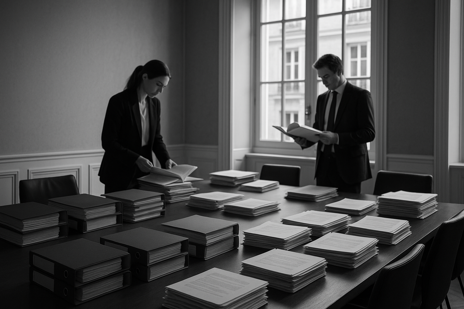 Salle de réunion d'entreprise où des classeurs et documents sont examinés lors d'un contrôle de l'Agence française anticorruption
