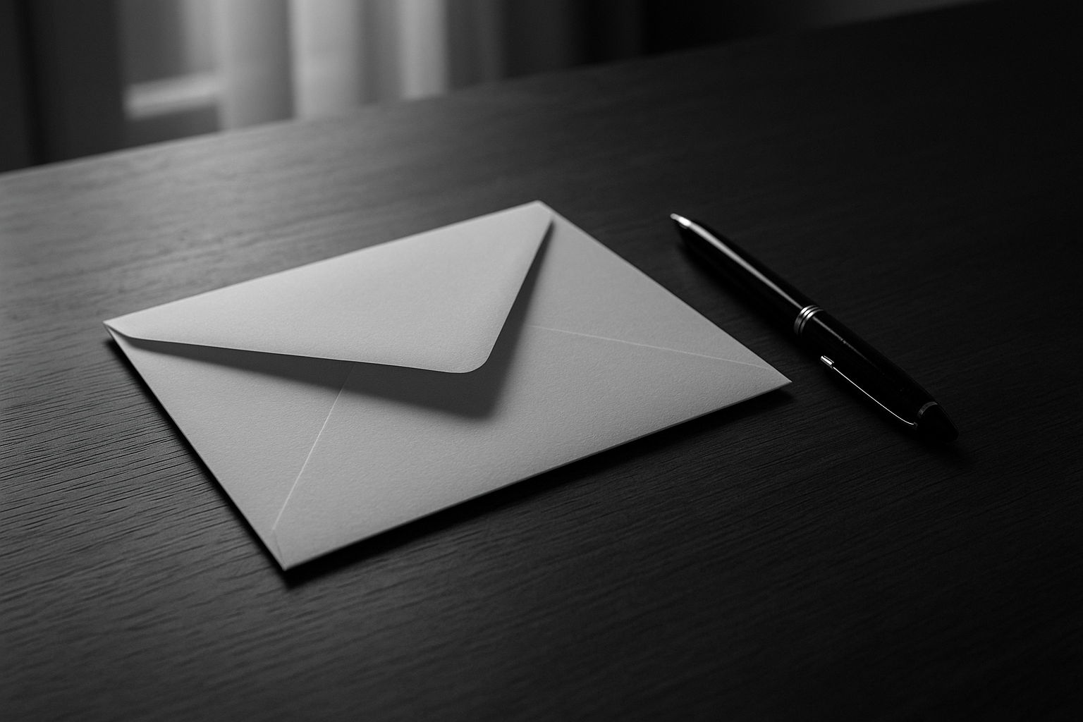 Enveloppe officielle posée sur une table en bois à côté d'un stylo, photographie en noir et blanc.