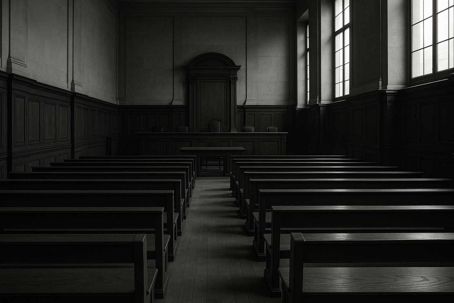 Salle d'audience vide de cour d'assises, bancs en bois et lumière grise tombant des hautes fenêtres