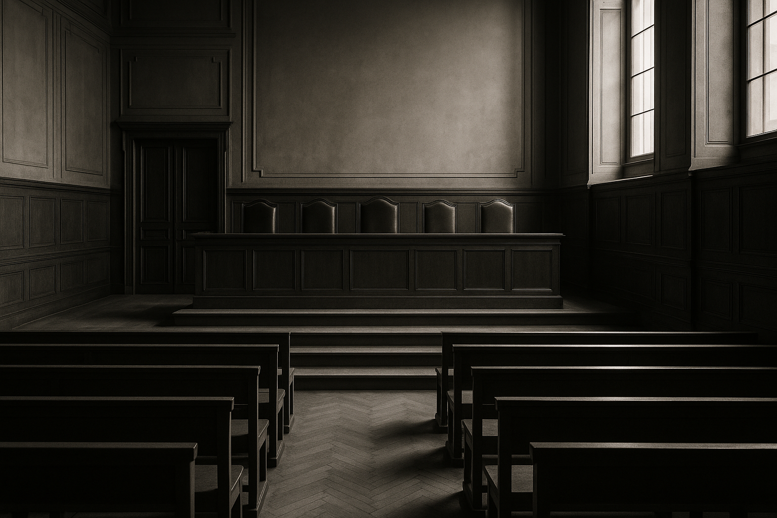 Estrade de cinq sièges de magistrats dans une salle d'audience criminelle française vide