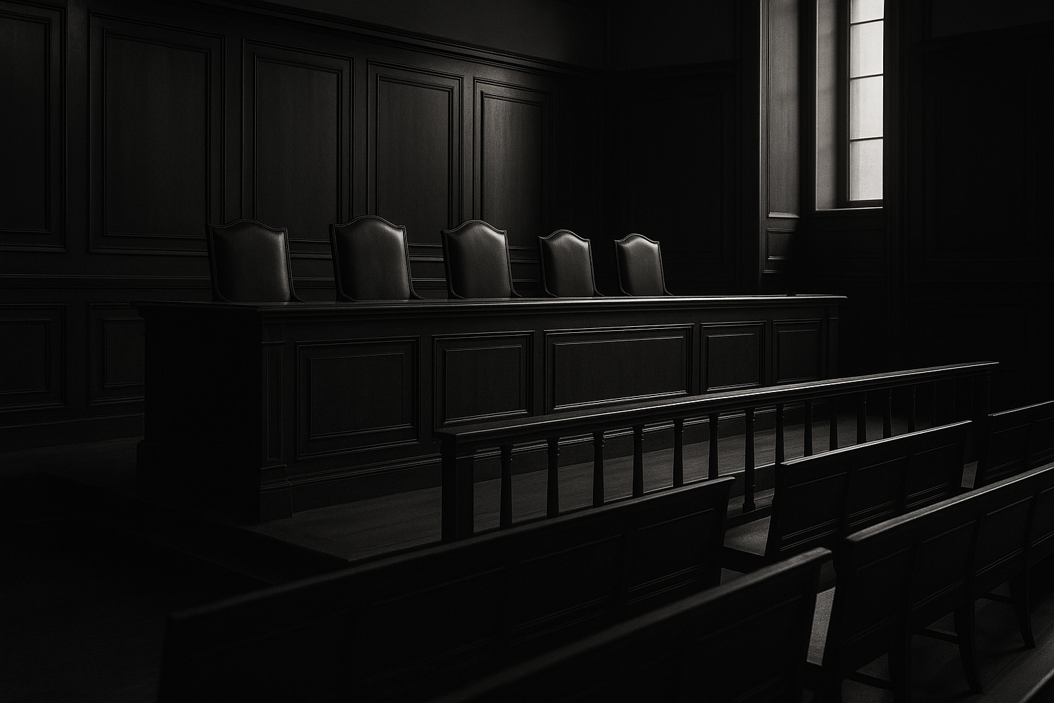 Salle d'audience française vide, estrade des magistrats et cinq fauteuils alignés, aucun banc de jurés