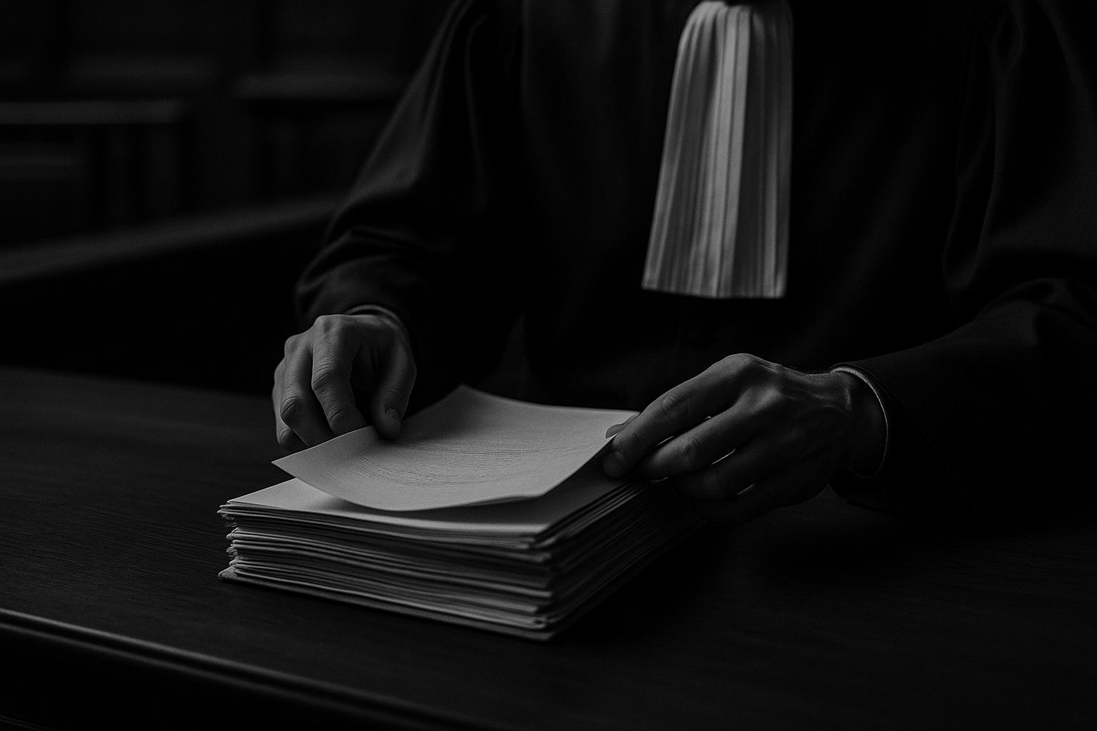 Mains d'avocat feuilletant un dossier de procédure pénale sur un bureau sombre