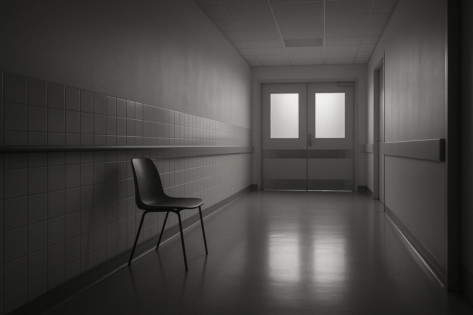 Couloir d'hôpital vide au petit matin, portes battantes fermées et chaise isolée contre le mur