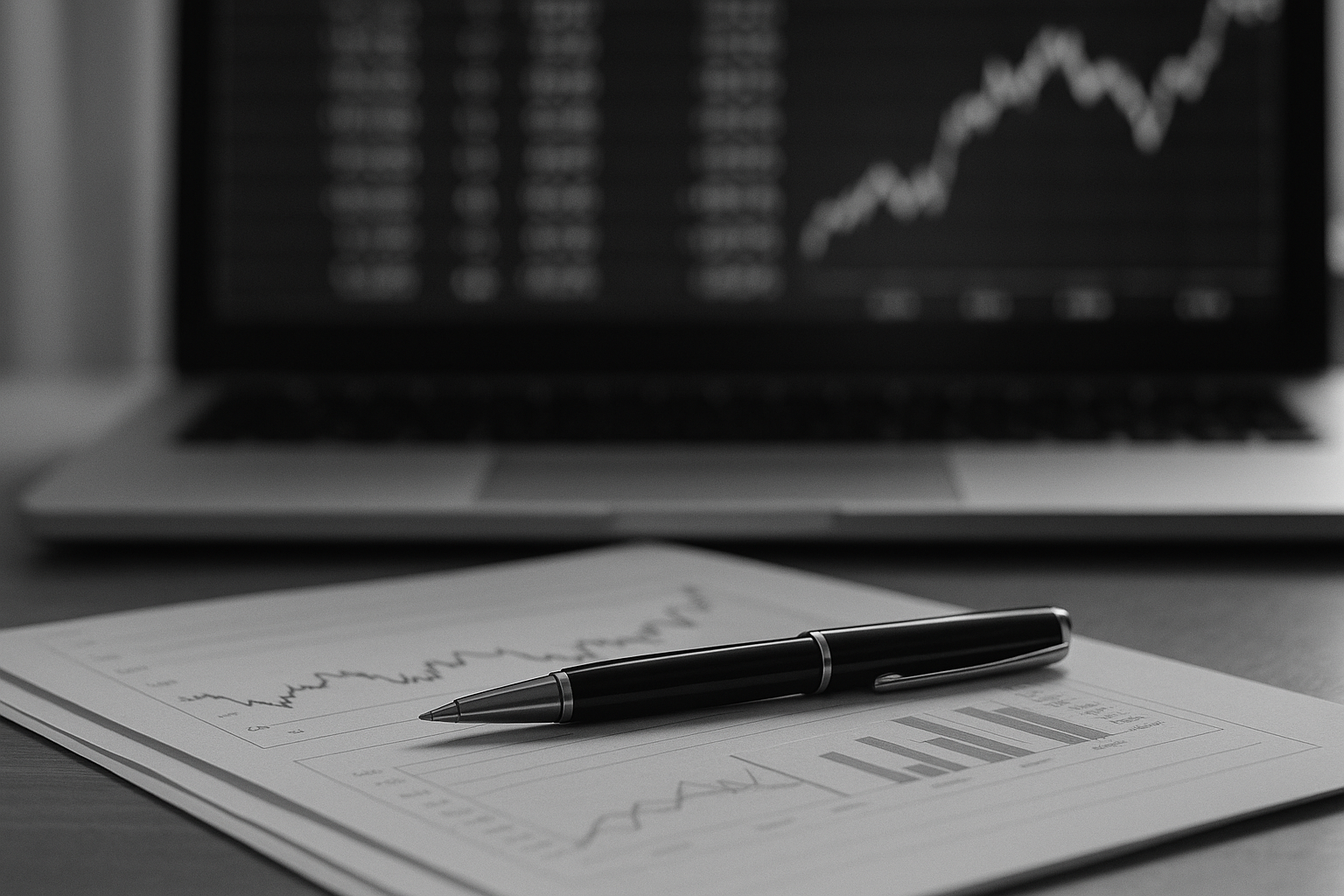Écran de cotation boursière en arrière-plan flou avec des documents financiers au premier plan, illustrant la définition de l'information privilégiée
