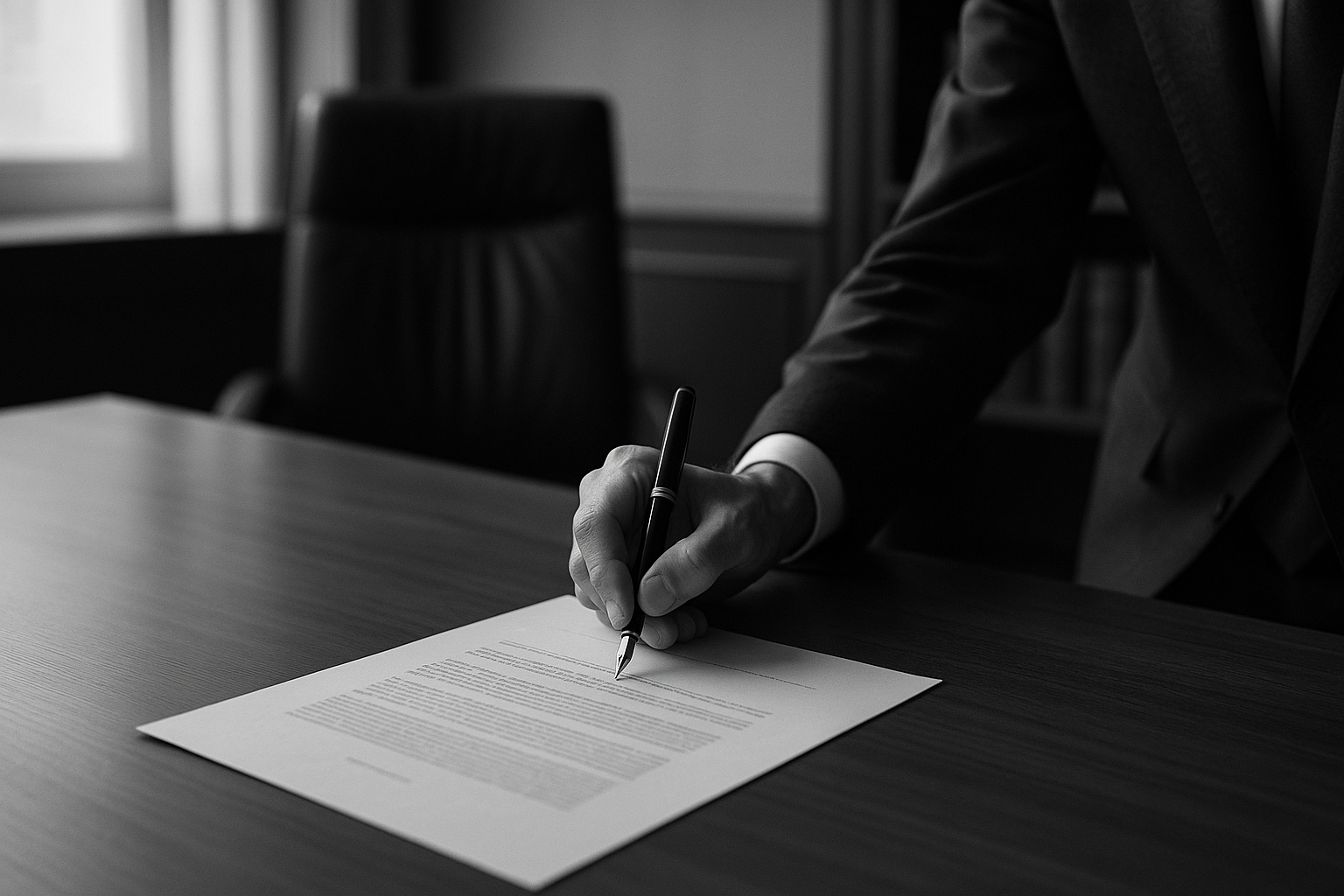 Main signant un acte de délégation de pouvoirs sur un bureau de direction en bois