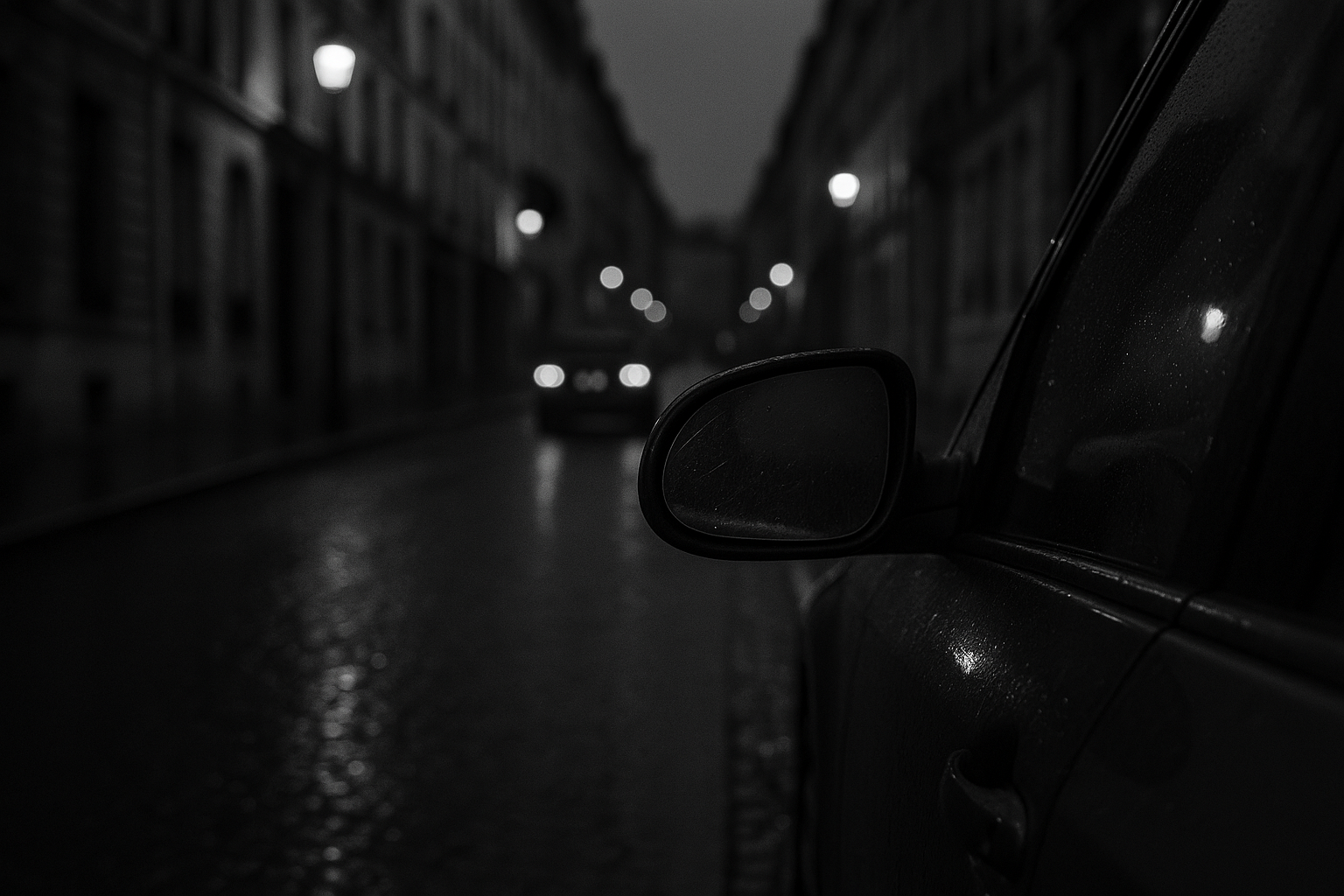 Rétroviseur de voiture rayé au premier plan d'une rue parisienne mouillée, de nuit, avec des feux arrière qui s'éloignent