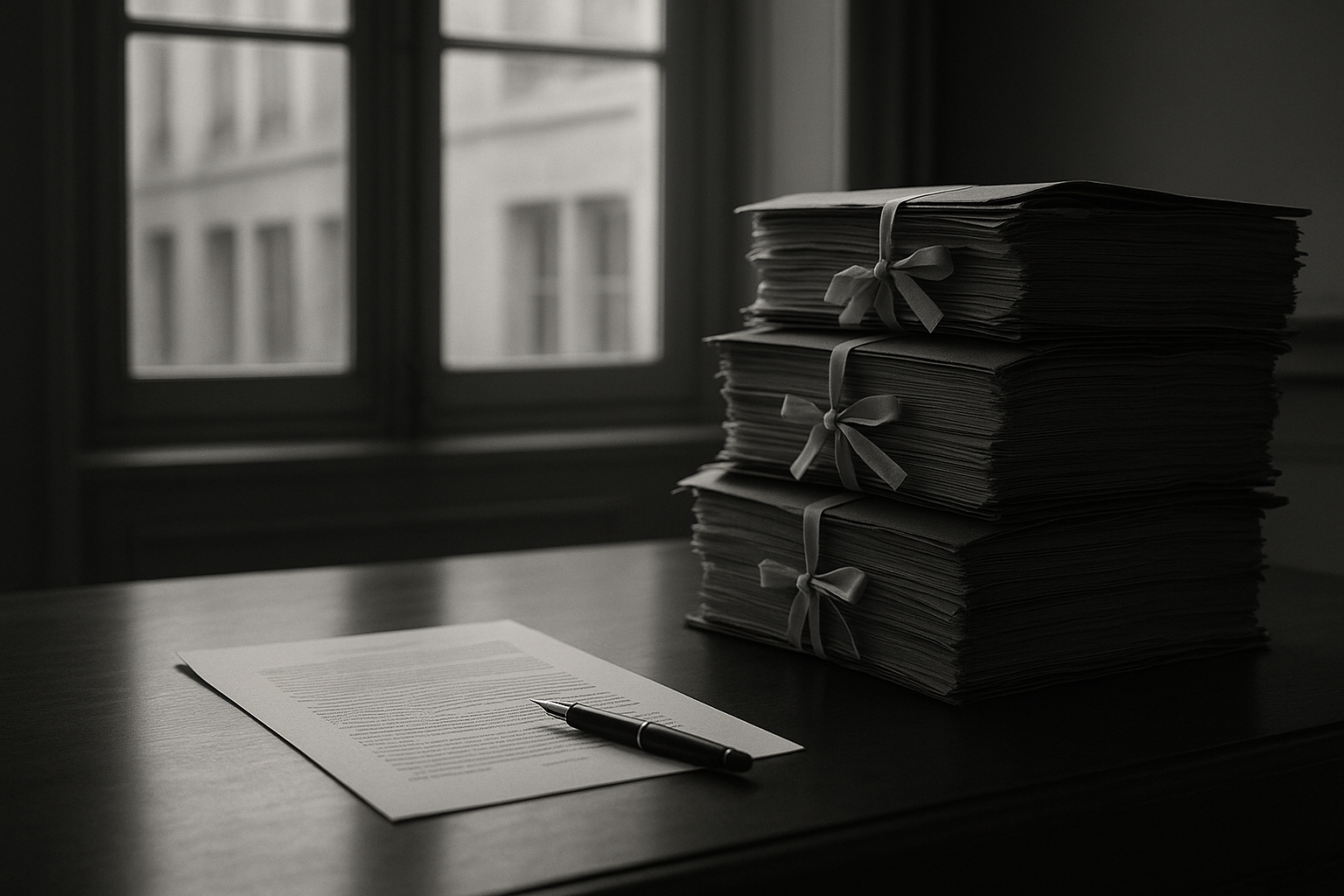 Dossiers d'instruction cotés et liés de rubans posés sur un bureau