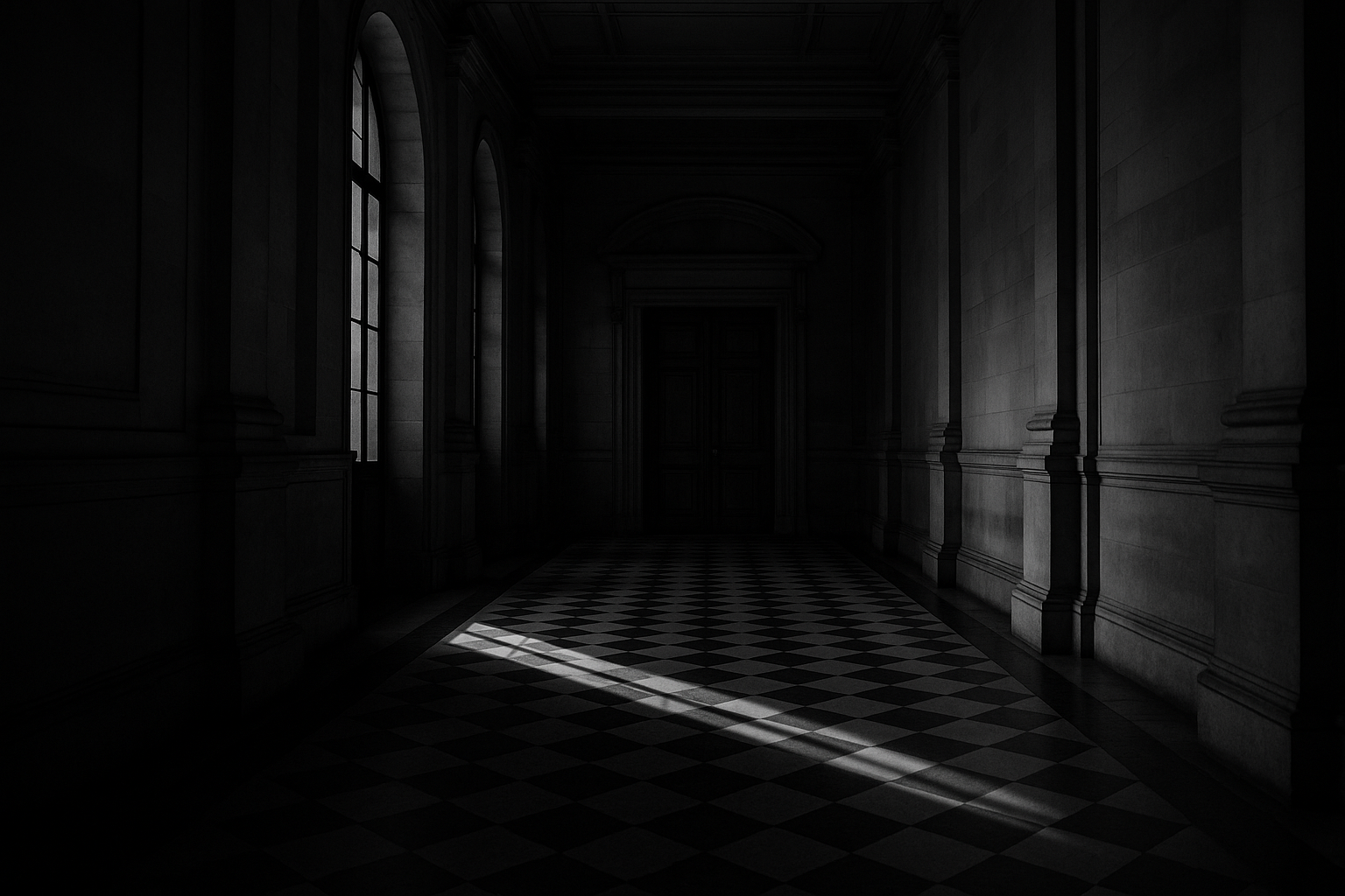 Couloir d'un palais de justice le soir, lourde porte de bois close, lumière rasante