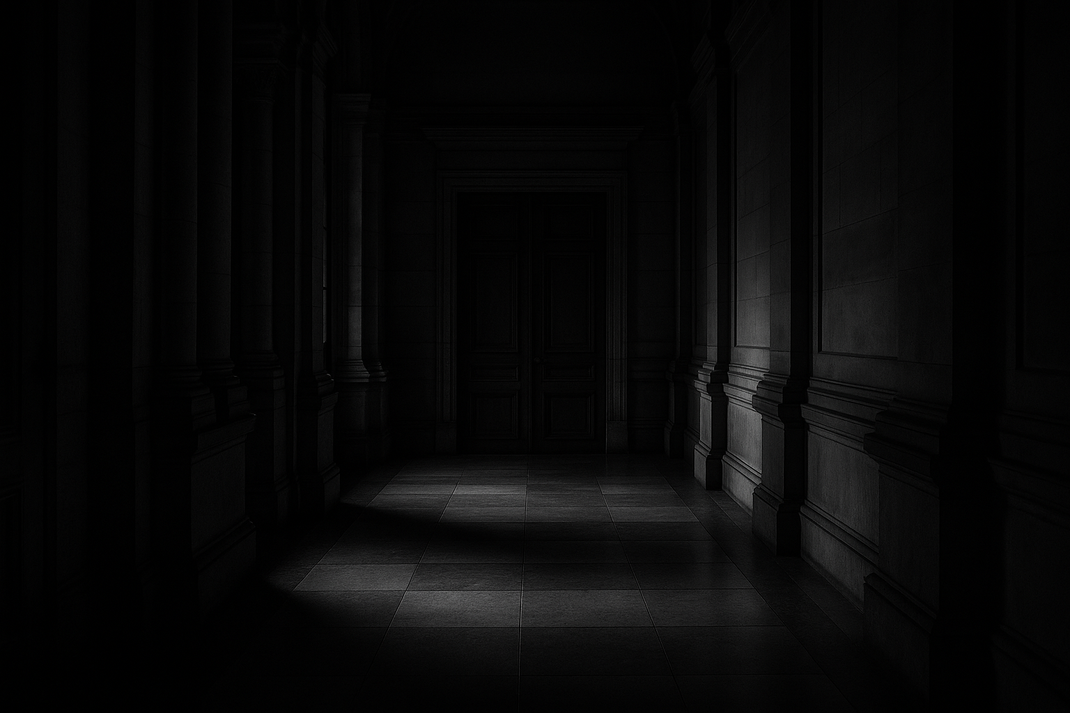 Couloir d'un palais de justice le soir, lourde porte de bois close, lumière rasante